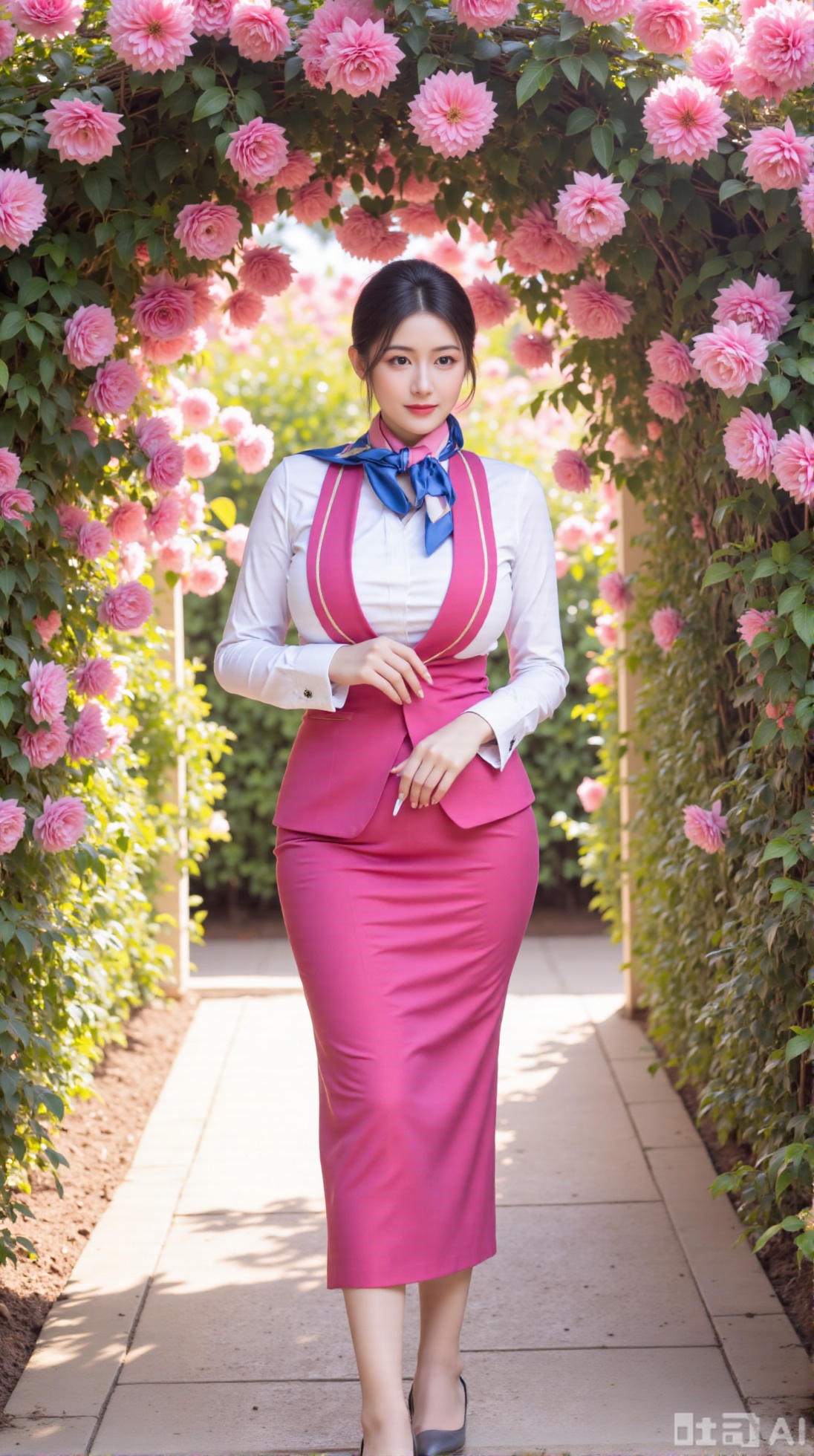 (masterpiece,best quality:1.23),stewardess, elegant pose, perfect S-shaped body, China Southern Airlines uniform, standing under a blooming archway, rose garden, sharp details, warm natural light,(huge breasts, full breasts:2.99),,Xaili2,XyunxiaoYH5,XlinziyueXZ,XtuliH,Xbigbreasts,XMedusaQueen,Xnanhangzhifu,Xjkgeziqun,Xbingbing