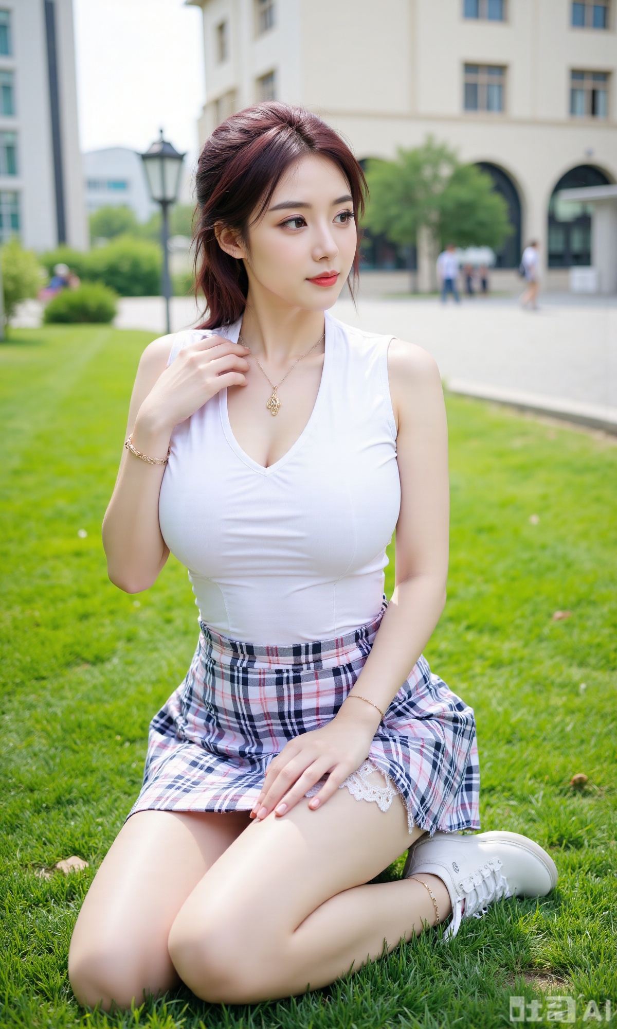 (masterpiece,best quality:1.23),schoolgirl character, jk style outfit, kneeling pose, braided hair, simple white blouse, elegant plaid skirt with lace trim, pristine white sports shoes, elegant pendant, delicate chain bracelet, beautifully long legs, defined waist, on a manicured lawn, grand university building in distance, atmospheric light, depth of field, vivid colors,(huge breasts, full breasts:2.99),,XyunxiaoYH3,Xfenlanzhanguopao,XbaifengsongyuYH,Xbigbreasts,XLiquidGlass,XnanxiaochengYH,Xmiaozufushi,Xkejinnudi,Xbiji,Xjkgeziqun,Xlaceshuiqun,Xbingdi