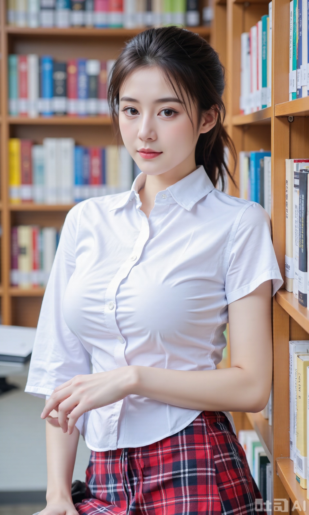 (masterpiece,best quality:1.23) ,A girl in campus - style JK uniform, white shirt and British - style plaid skirt, standing in front of the university library, rows of bookshelves in the background,,(huge breasts, full breasts:2.99),XyunxiaoYH3,Xfenlanzhanguopao,XbaifengsongyuYH,Xbigbreasts,XLiquidGlass,XnanxiaochengYH,Xmiaozufushi,Xkejinnudi,Xbiji,Xjkgeziqun,Xlaceshuiqun,Xbingdi
