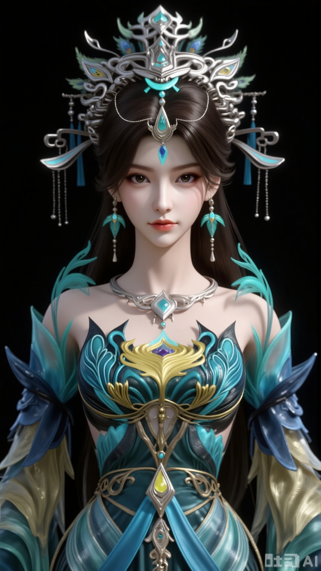 3d_character_yqf

1girl

solo

long hair

looking at viewer

brown hair

black hair

hair ornament

dress

bare shoulders

jewelry

earrings

necklace

blue dress

chinese clothes

crown

black background

forehead mark