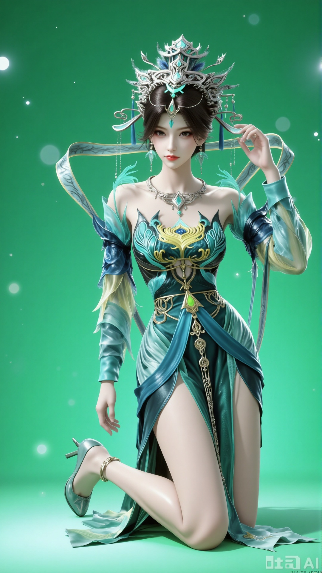 A Chinese - style fantasy female immortal character, wearing elaborate traditional - style clothing with blue - green tones, flowing ribbons, and delicate patterns. She has an exquisite headdress, poses gracefully with one knee on the ground and a long leg stretched out, one hand elegantly raised. Set against a gradient green background with light spots, featuring fine textures like satin luster on clothes, and high - heels for a modern touch, rendered in a CG - like refined quality.,3d_character_yqf