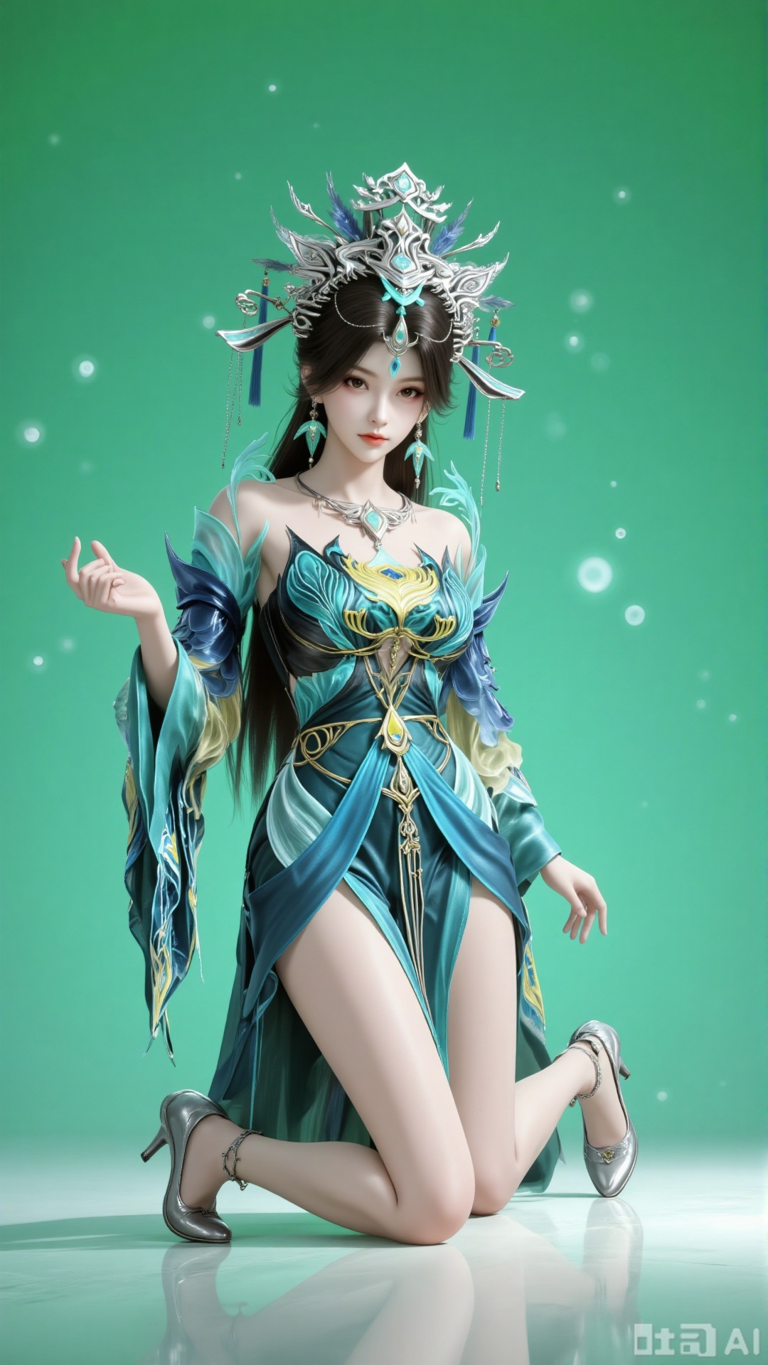 A Chinese - style fantasy female immortal character, wearing elaborate traditional - style clothing with blue - green tones, flowing ribbons, and delicate patterns. She has an exquisite headdress, poses gracefully with one knee on the ground and a long leg stretched out, one hand elegantly raised. Set against a gradient green background with light spots, featuring fine textures like satin luster on clothes, and high - heels for a modern touch, rendered in a CG - like refined quality.,3d_character_yqf