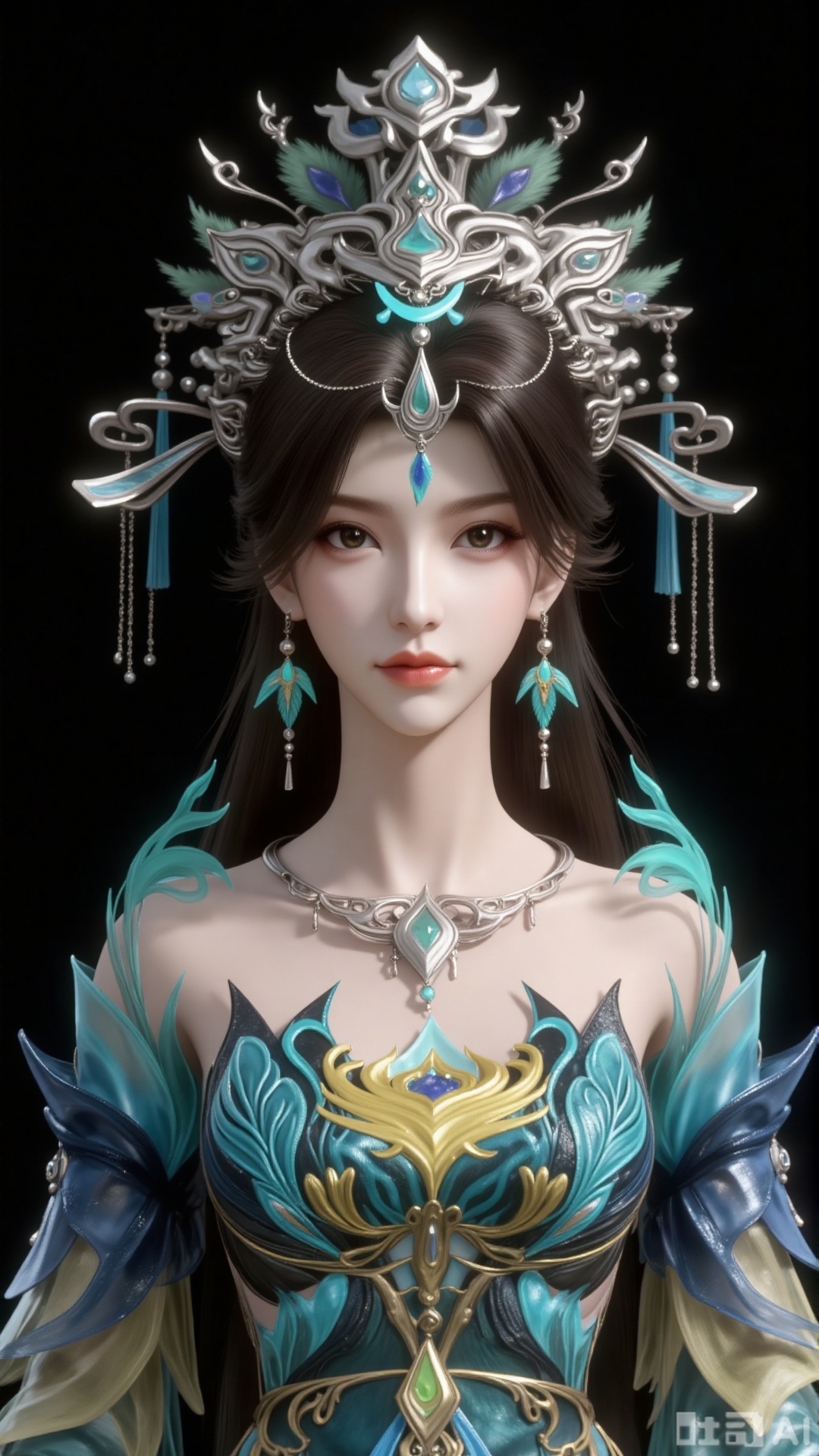 3d_character_yqf

1girl

solo

long hair

looking at viewer

brown hair

black hair

hair ornament

dress

bare shoulders

jewelry

earrings

necklace

blue dress

chinese clothes

crown

black background

forehead mark
