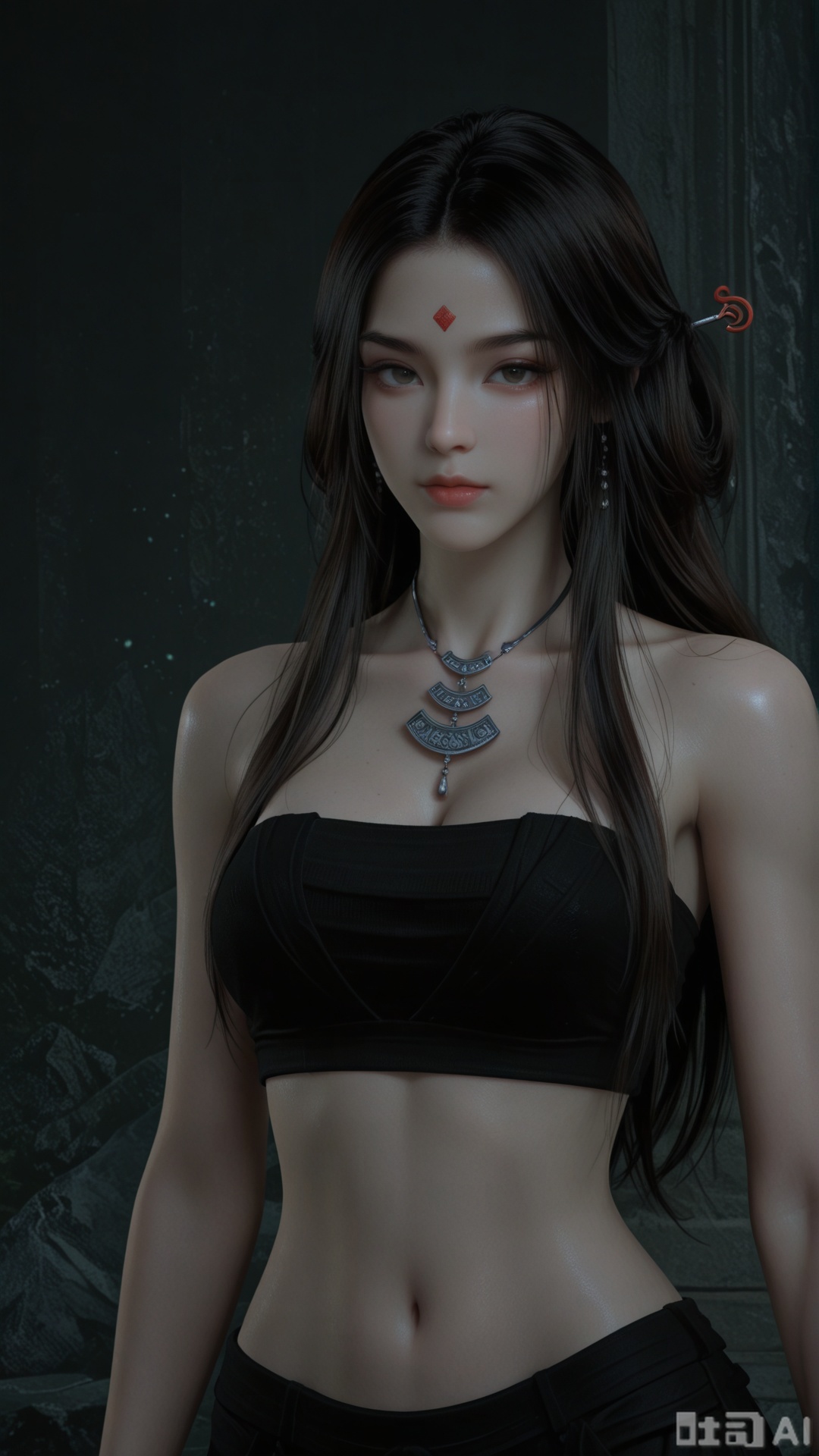 1woman, solo, ornament, breasts, SX2 clothes, midriff, upper body, standing, Glossy exquisite skin, even illumination, looking at viewer, very awa, Solid artistic background,