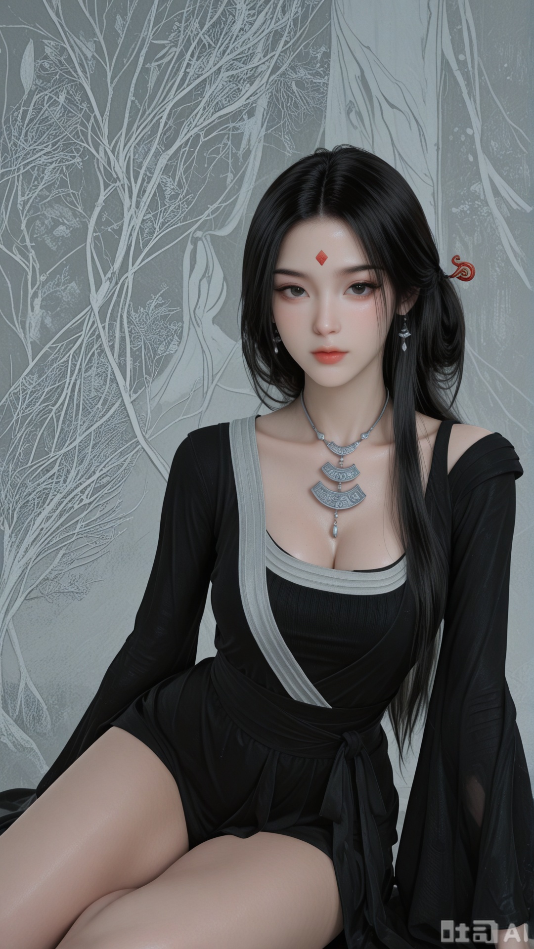 1woman, solo, black_hair, ornament, breasts, SX1 clothes, yokozuwari, Glossy exquisite skin, even illumination, looking at viewer, very awa, Solid artistic background,