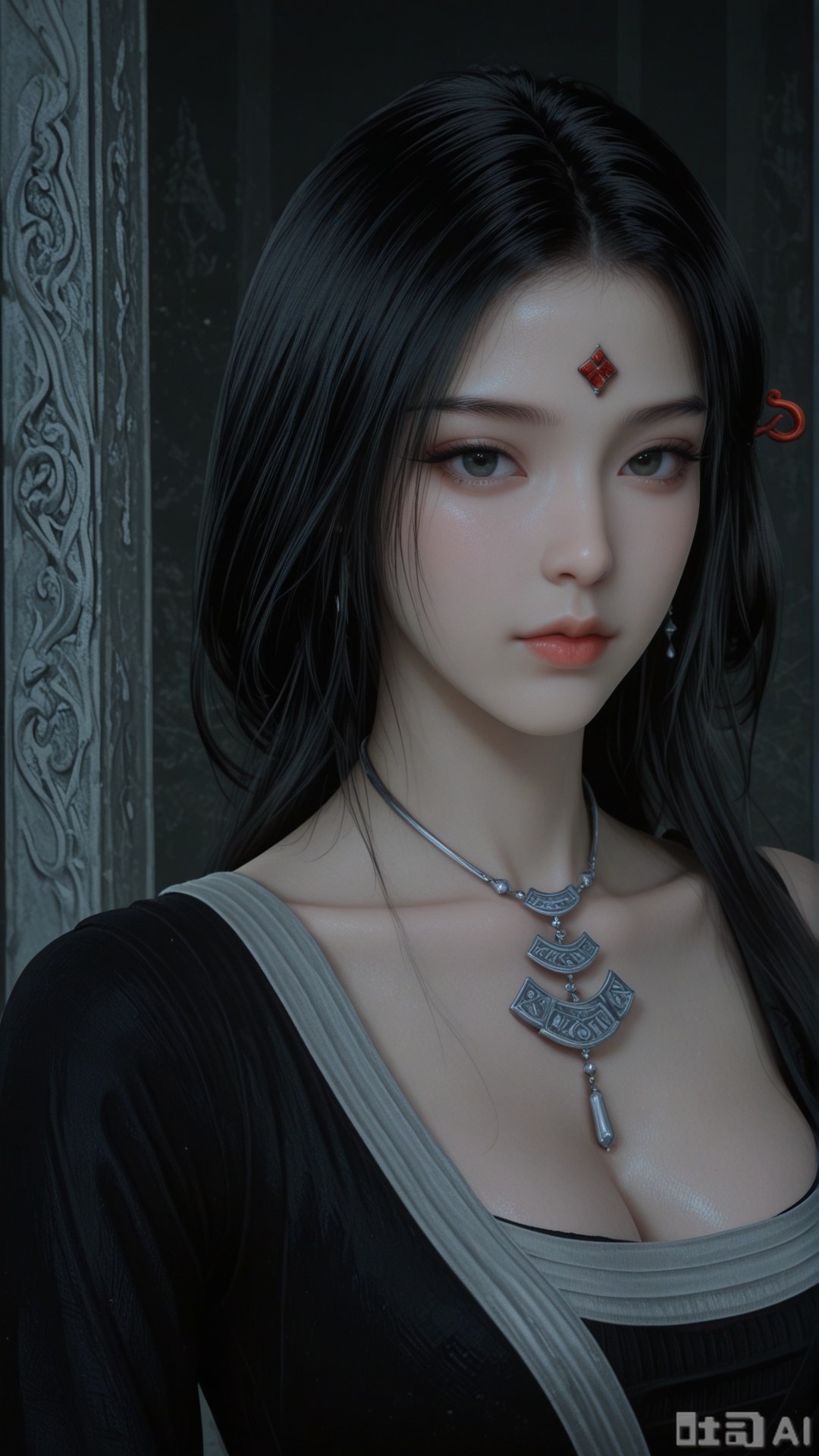 1woman, solo, black_hair, ornament, breasts, SX1 clothes, upper_body, Glossy exquisite skin, even illumination, looking at viewer, very awa, Solid artistic background,