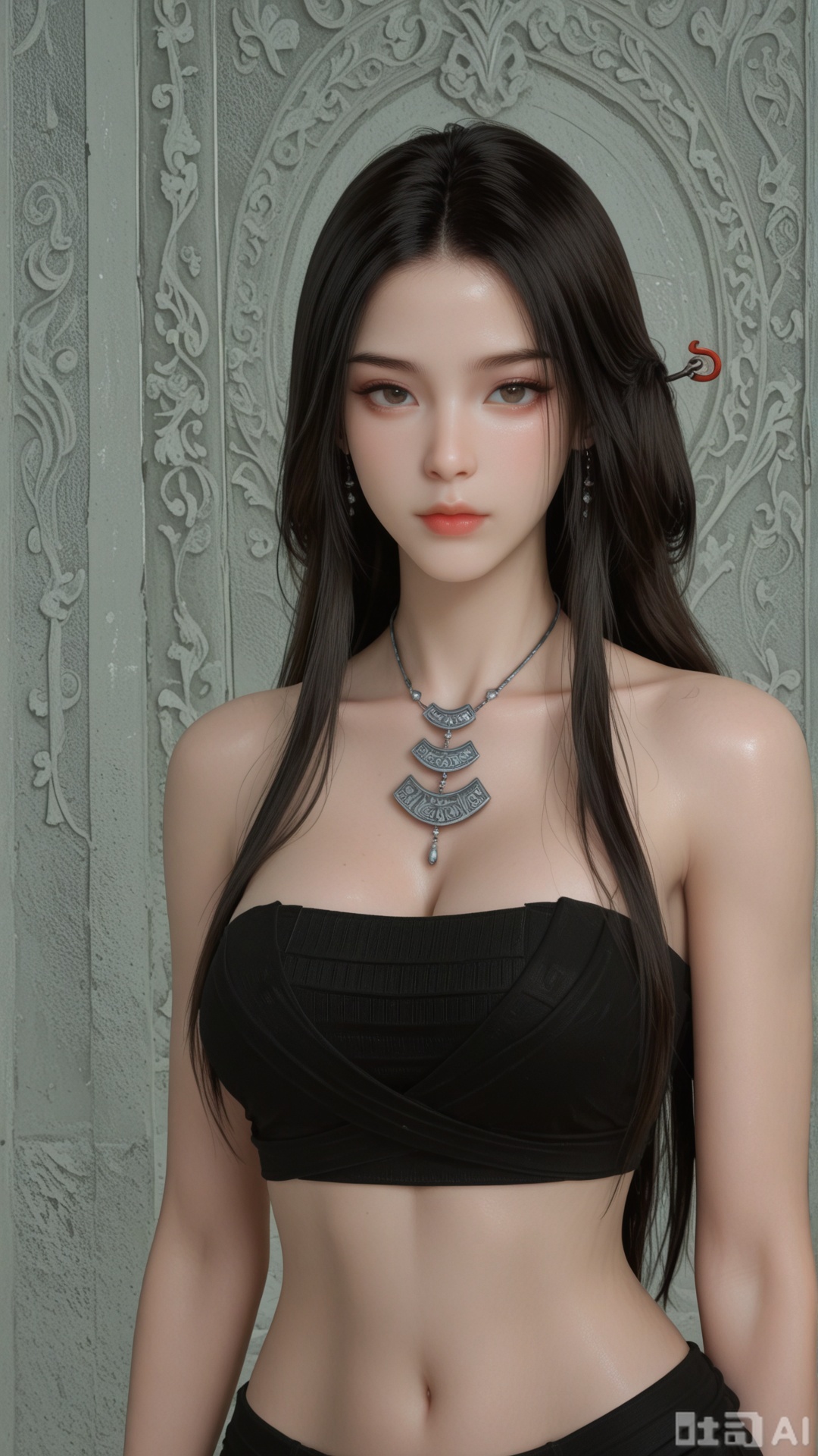 1woman, solo, ornament, breasts, SX2 clothes, midriff, upper body, standing, Glossy exquisite skin, even illumination, looking at viewer, very awa, Solid artistic background,