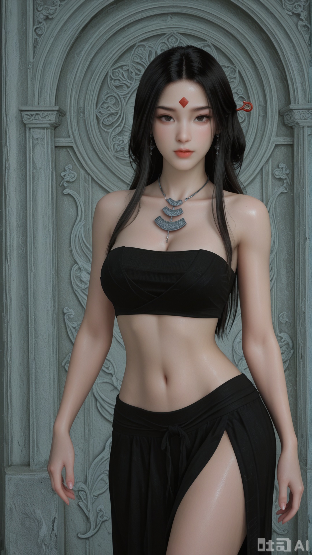 1woman, solo, black_hair, ornament, breasts, SX2 clothes, midriff, cowboy_shot, standing, Glossy exquisite skin, even illumination, looking at viewer, very awa, Solid artistic background,