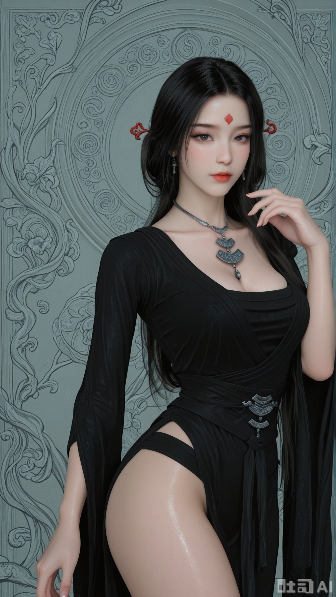 1woman, solo, black_hair, ornament, breasts, SX1 clothes, cowboy_shot, Glossy exquisite skin, even illumination, looking at viewer, very awa, Solid artistic background,
