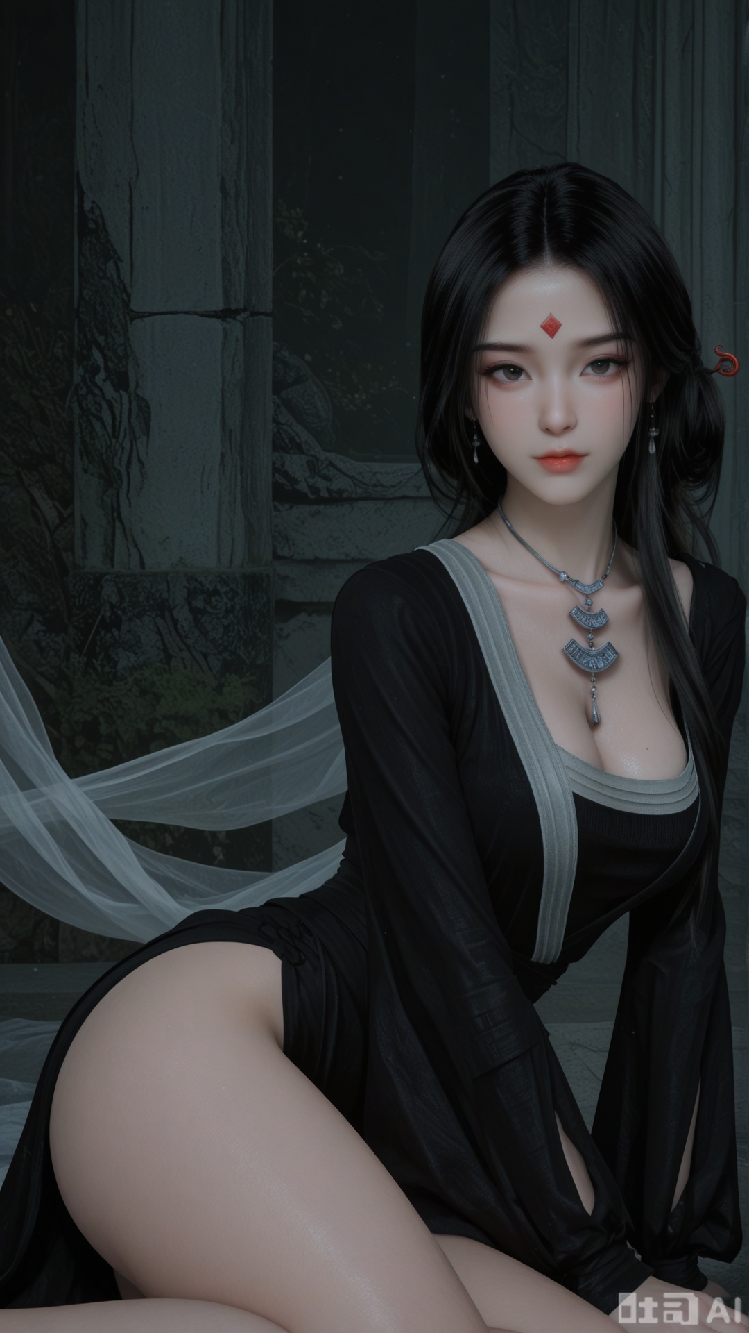 1woman, solo, black_hair, ornament, breasts, SX1 clothes, yokozuwari, Glossy exquisite skin, even illumination, looking at viewer, very awa, Solid artistic background,