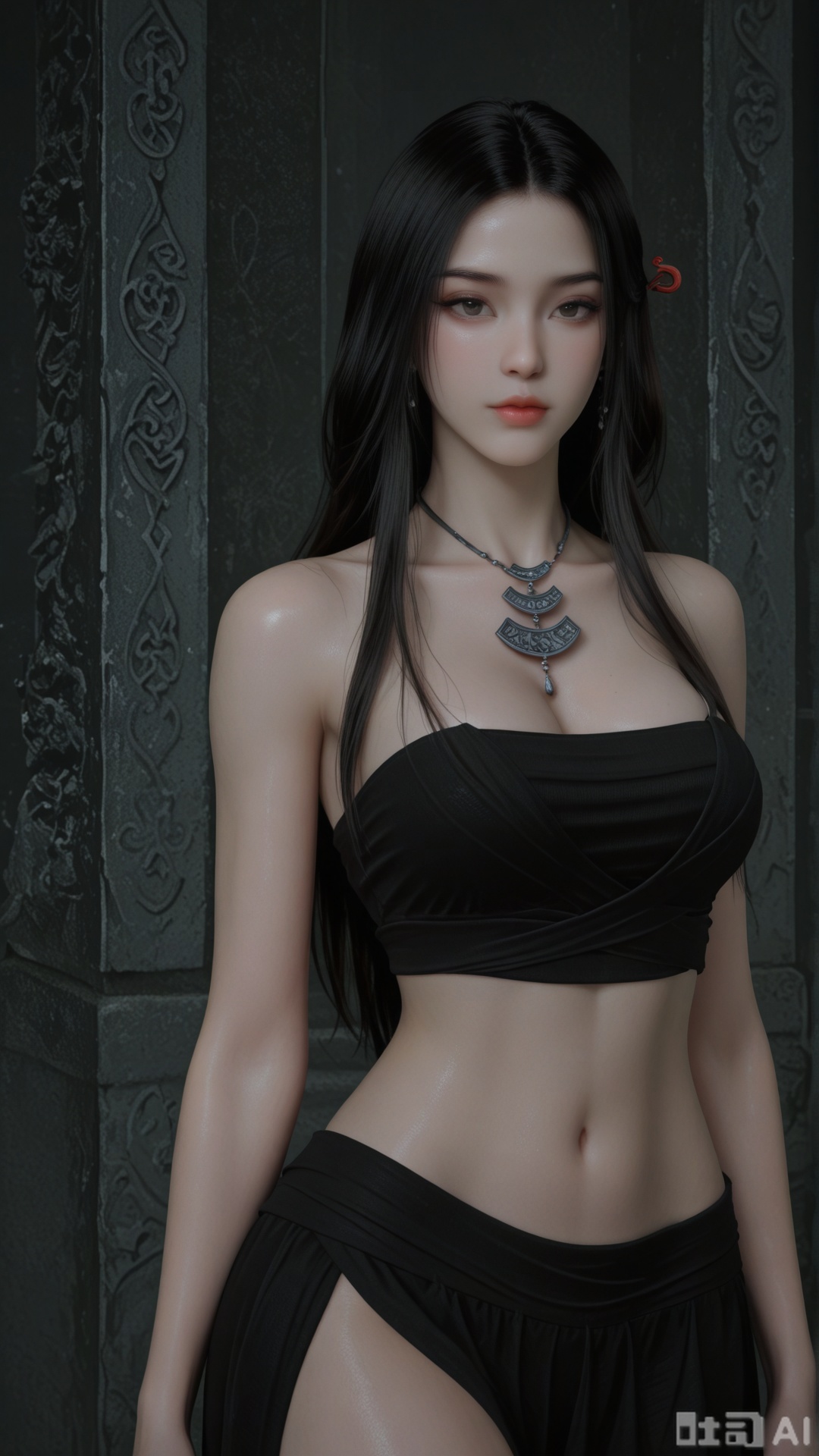 1woman, solo, black_hair, ornament, breasts, SX2 clothes, midriff, cowboy_shot, standing, Glossy exquisite skin, even illumination, looking at viewer, very awa, Solid artistic background,