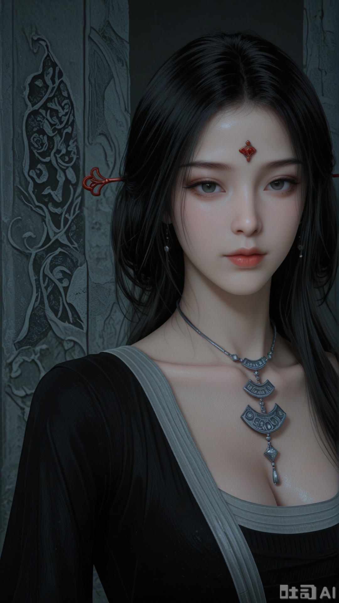 1woman, solo, black_hair, ornament, breasts, SX1 clothes, upper_body, Glossy exquisite skin, even illumination, looking at viewer, very awa, Solid artistic background,