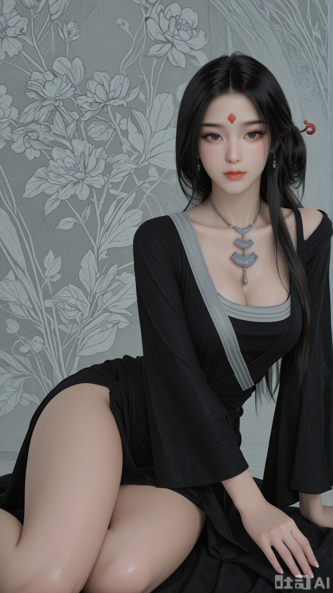 1woman, solo, black_hair, ornament, breasts, SX1 clothes, yokozuwari, Glossy exquisite skin, even illumination, looking at viewer, very awa, Solid artistic background,