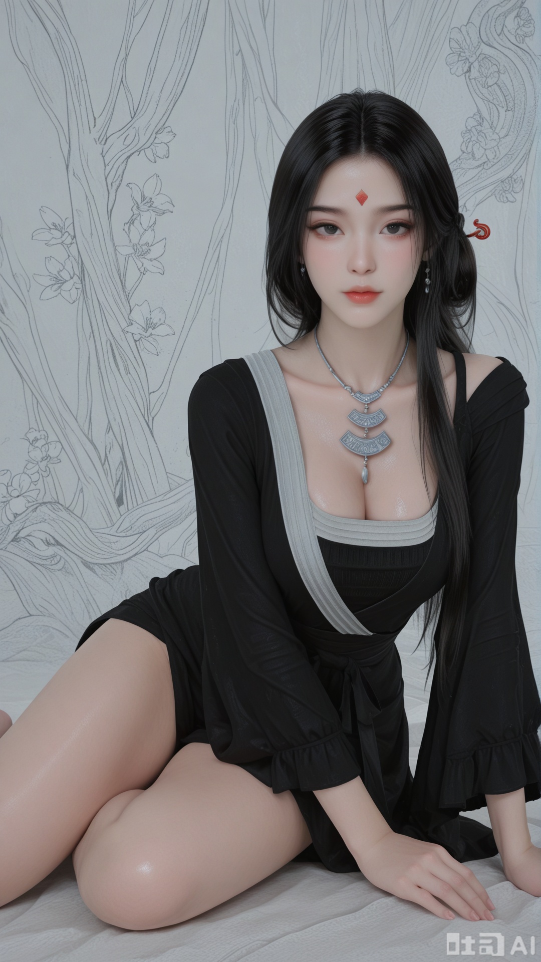 1woman, solo, black_hair, ornament, breasts, SX1 clothes, yokozuwari, Glossy exquisite skin, even illumination, looking at viewer, very awa, Solid artistic background,
