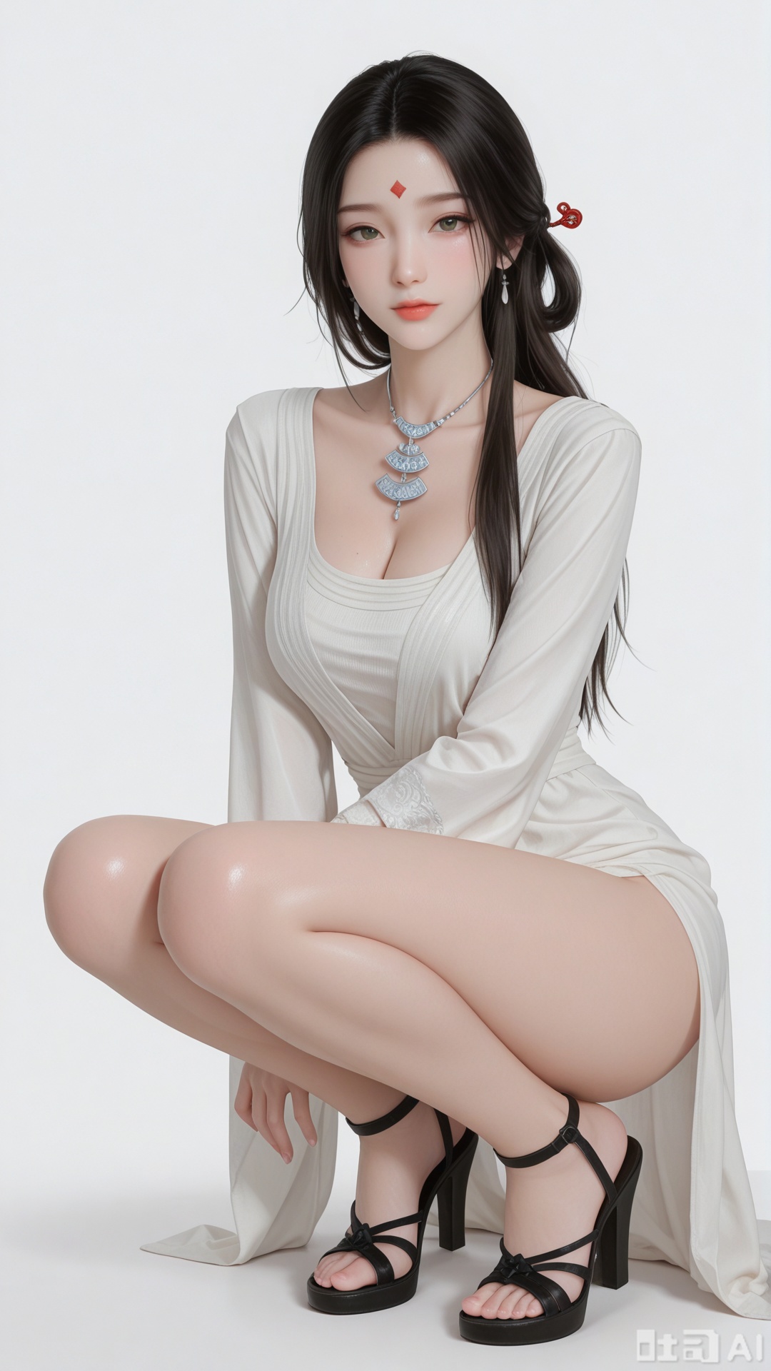 1girl, ornament, SX1 clothes, squatting, leaning back, Glossy exquisite skin, even illumination, looking at viewer, very awa, Solid background