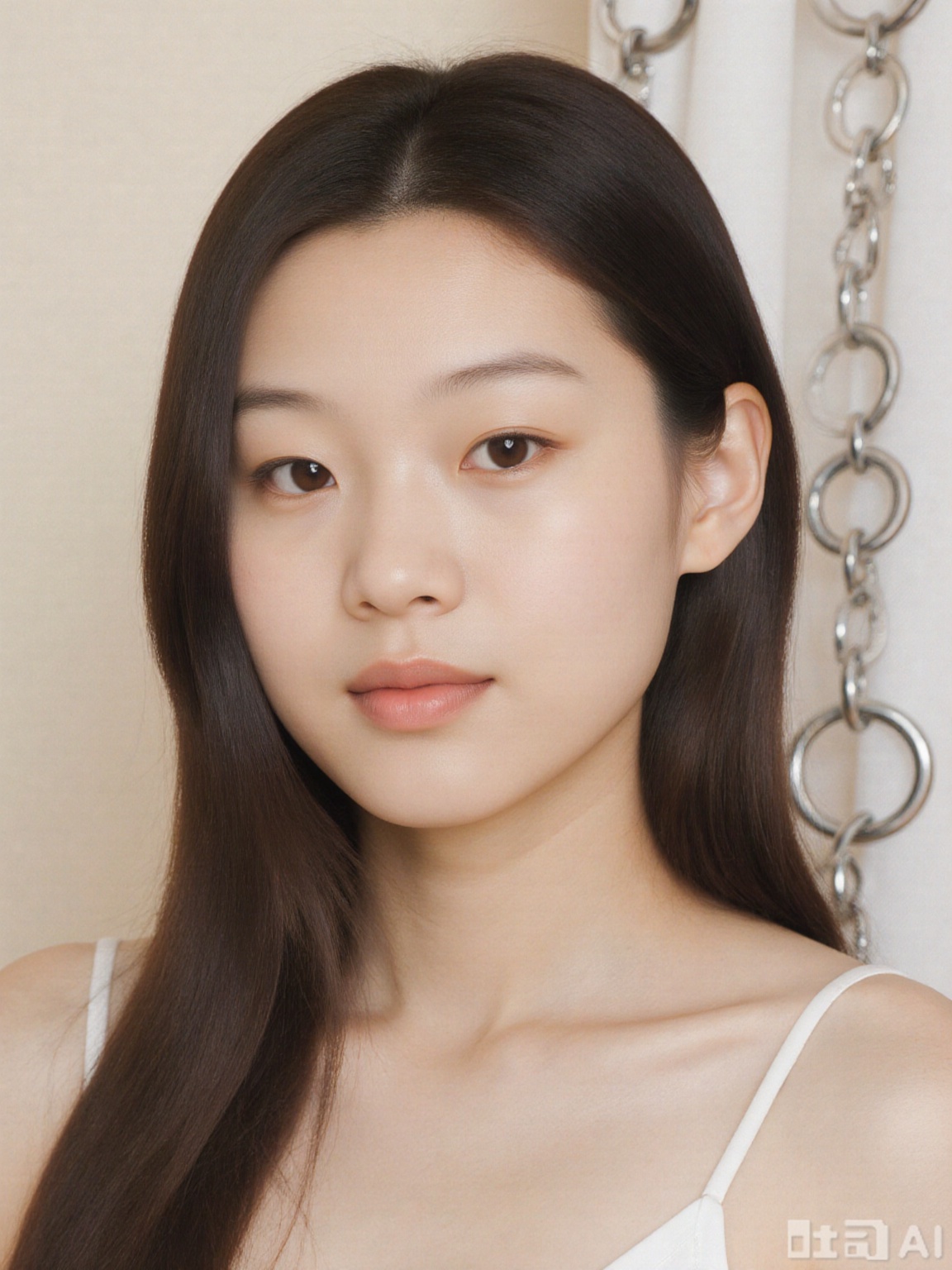 The image shows a young woman with long, dark hair and a light complexion. She is wearing a white, sleeveless top with thin straps. The background includes a cream-colored wall and a white curtain with metallic rings. 