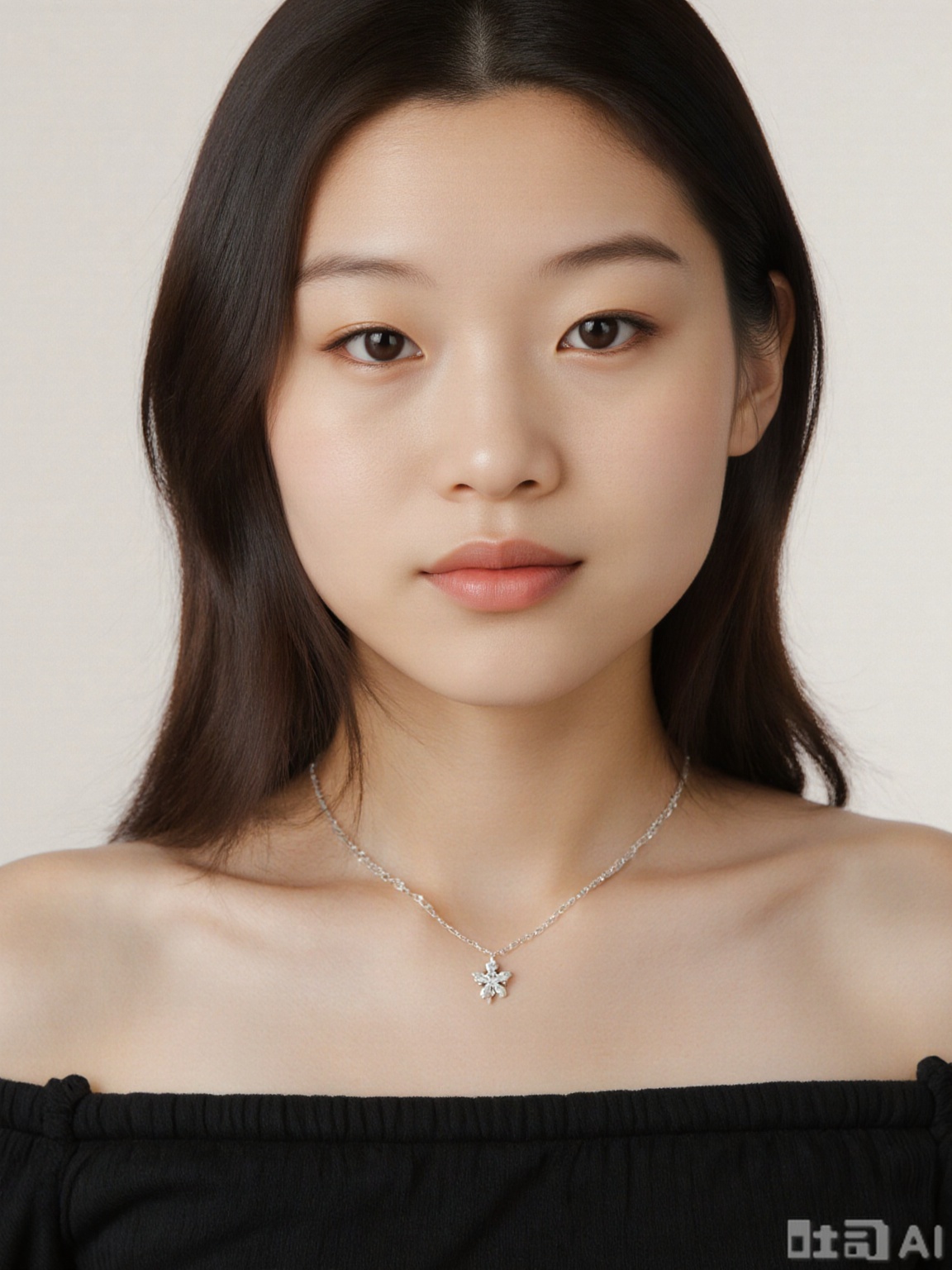 The image shows a young woman with long, dark hair styled in a casual, slightly messy manner. She is wearing a black off-shoulder top and a delicate necklace with a small pendant. Her makeup is natural, with a focus on her eyes and lips. The background is plain and neutral, likely a studio backdrop, which helps to highlight the subject.