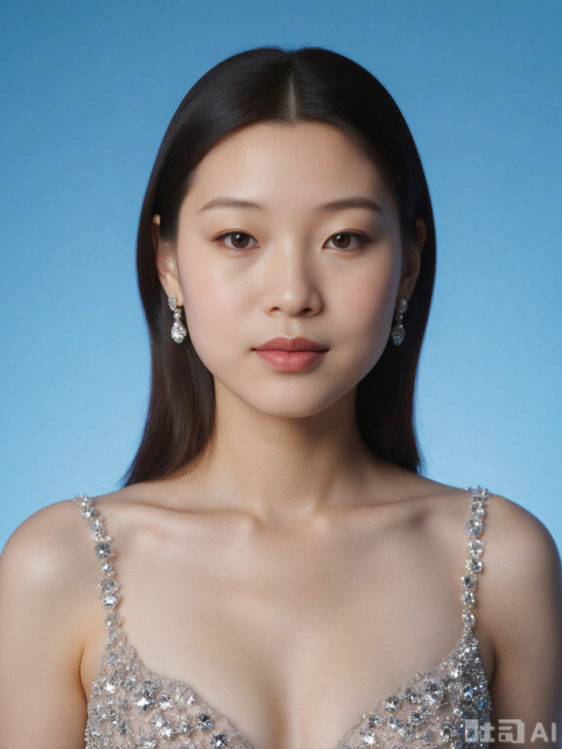 1girl, cleavage,hug breasts,Breast lateral leakage,earrings, solo, Low cut evening gown,jewelry, blue_background, realistic, upper_body, sleeveless, lips, long_hair, brown_eyes, big breasts, evening dress, looking_at_viewer, nose, black_hair,
( chiaroscuro,Fujicolor, UHD, super detail ,raw,85mm,f/1.2,FujifilmXT4,),