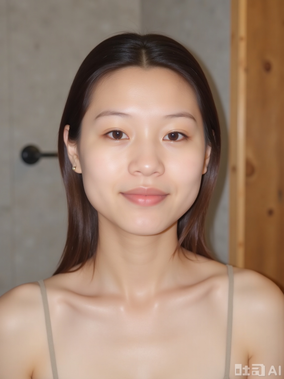 The image shows a young woman with long, dark hair tied back in a ponytail. She is wearing a strapless top, and her skin appears smooth and well-lit. The background is a neutral, slightly blurred indoor setting, possibly a bathroom or a similar space, with a wooden panel visible on the right side. The lighting is soft and even, highlighting her facial features without creating harsh shadows. The image has a realistic, almost digital quality, with a focus on the subject's face and upper body.