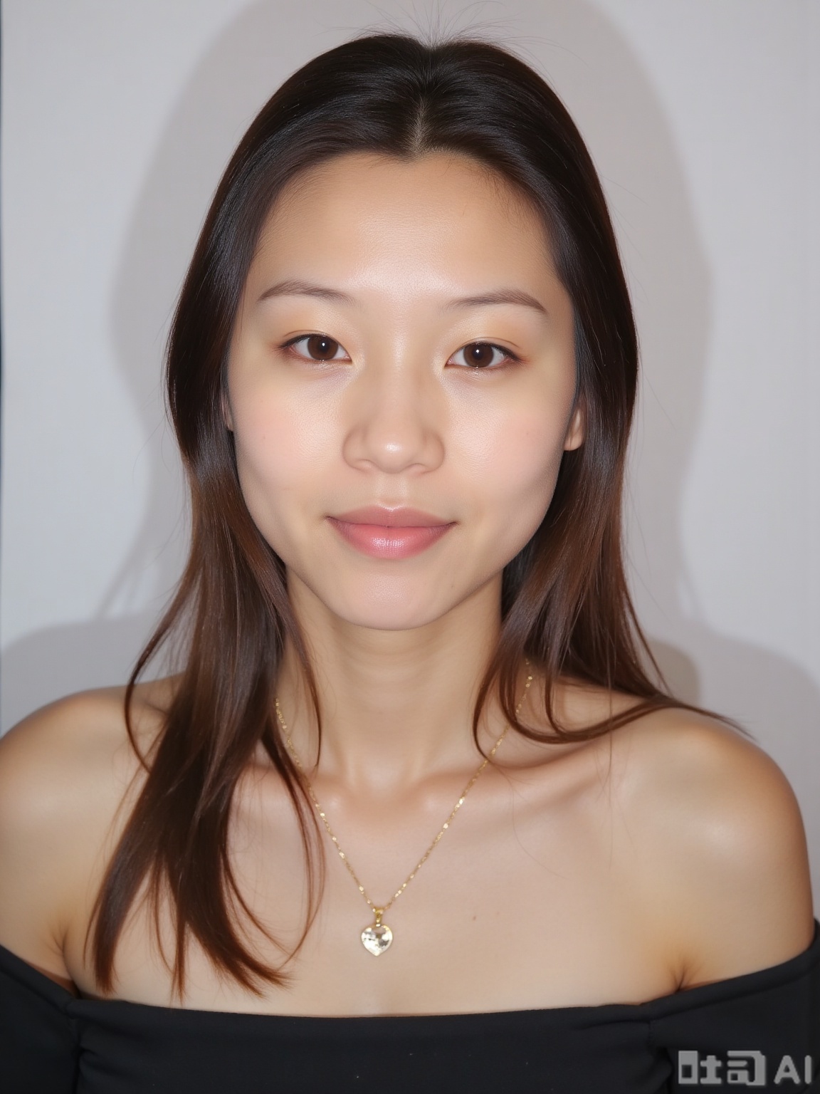 The image shows a young woman with long, dark hair styled in a casual, slightly messy manner. She is wearing a black off-shoulder top and a delicate necklace with a small pendant. Her makeup is natural, with a focus on her eyes and lips. The background is plain and neutral, likely a studio backdrop, which helps to highlight the subject.