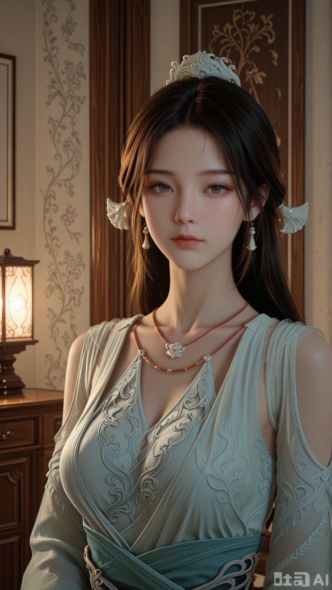 1woman, solo, ornament, SY clothes, breasts, no eye shadow, upper_body, even lighting, looking at viewer, very awa, room background,