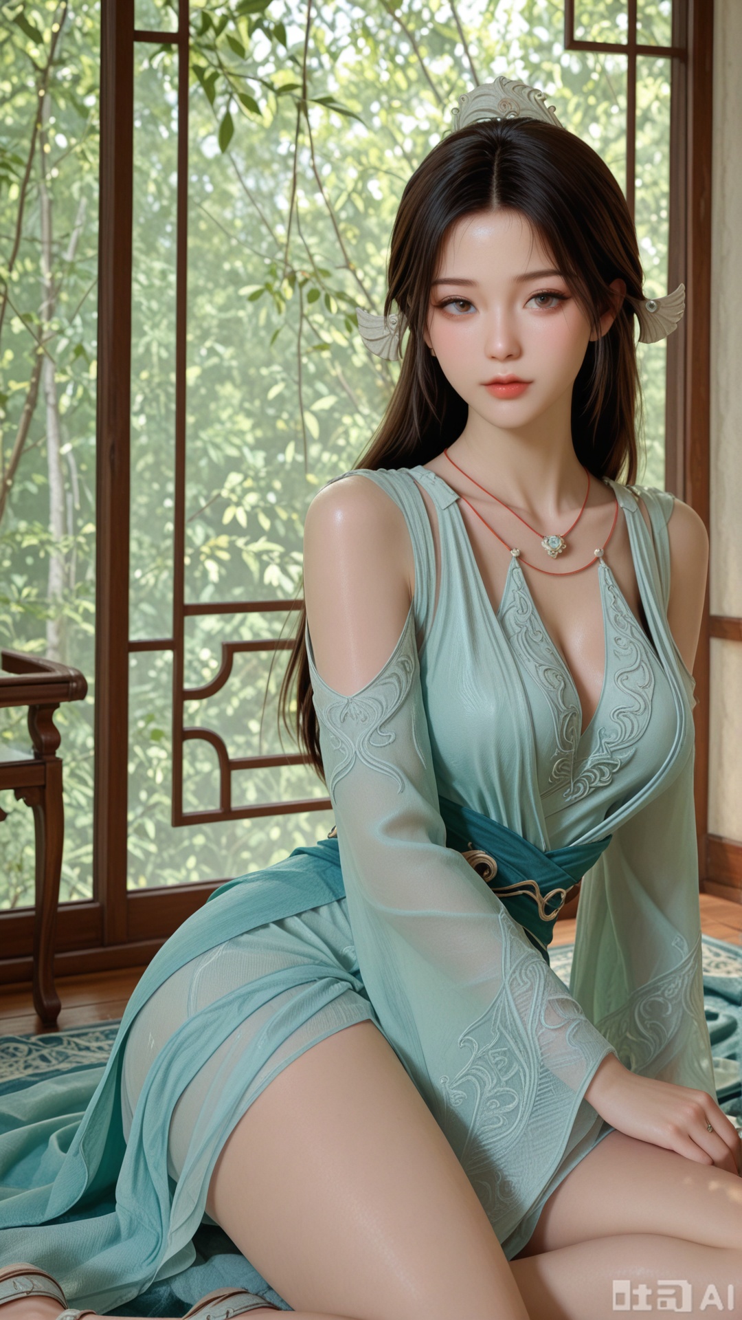 1woman, solo, ornament, breasts, SY clothes, yokozuwari, Glossy exquisite skin, even illumination, looking at viewer, very awa, Solid artistic background,