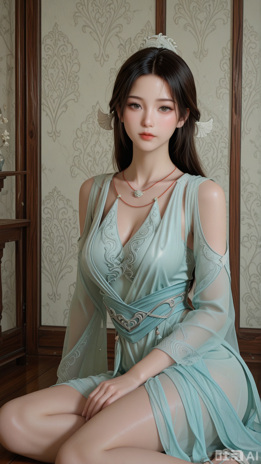 1woman, solo, ornament, breasts, SY clothes, yokozuwari, Glossy exquisite skin, even illumination, looking at viewer, very awa, Solid artistic background,