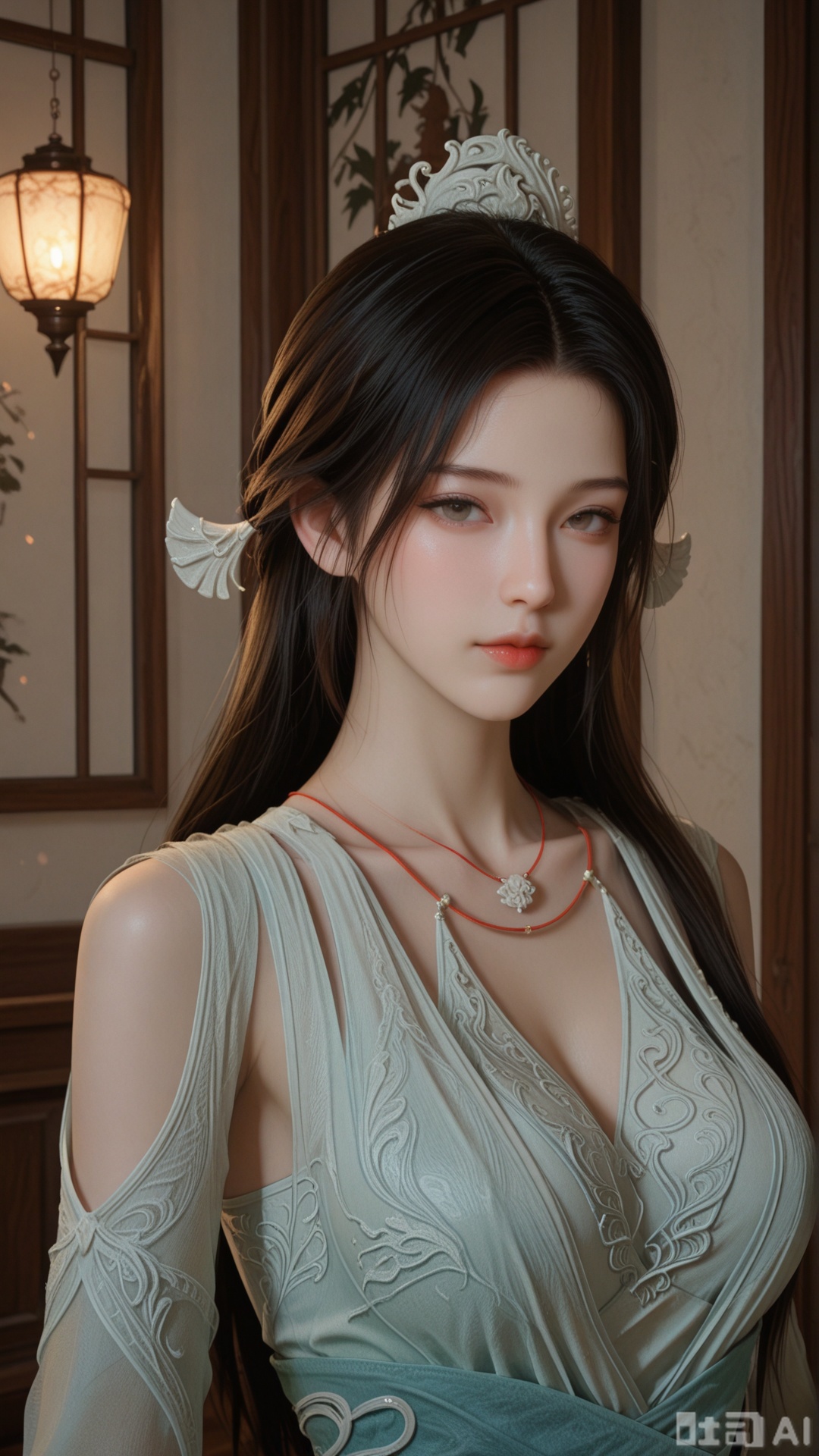 1woman, solo, ornament, SY clothes, breasts, no eye shadow, upper_body, even lighting, looking at viewer, very awa, room background,