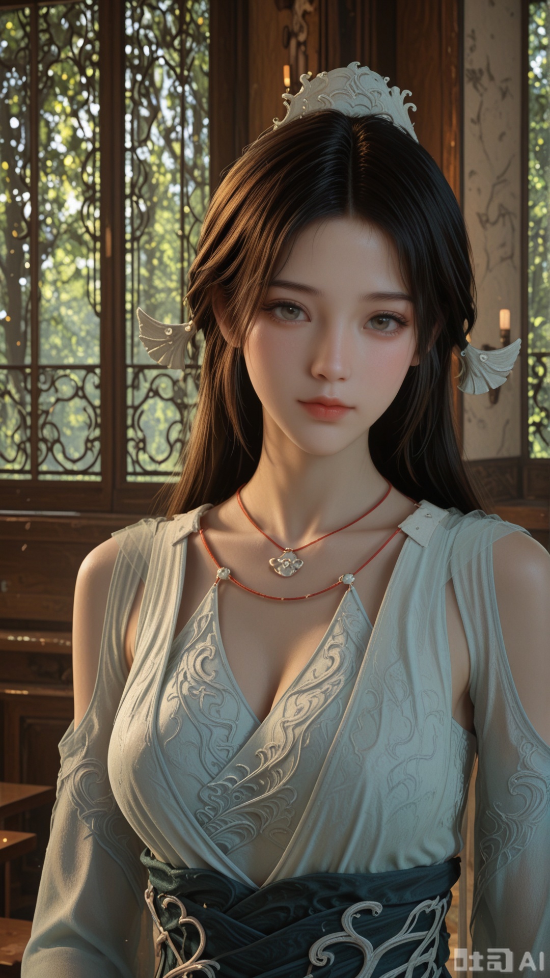 1woman, solo, ornament, SY clothes, breasts, upper_body, even lighting, looking at viewer, very awa, artistic background,