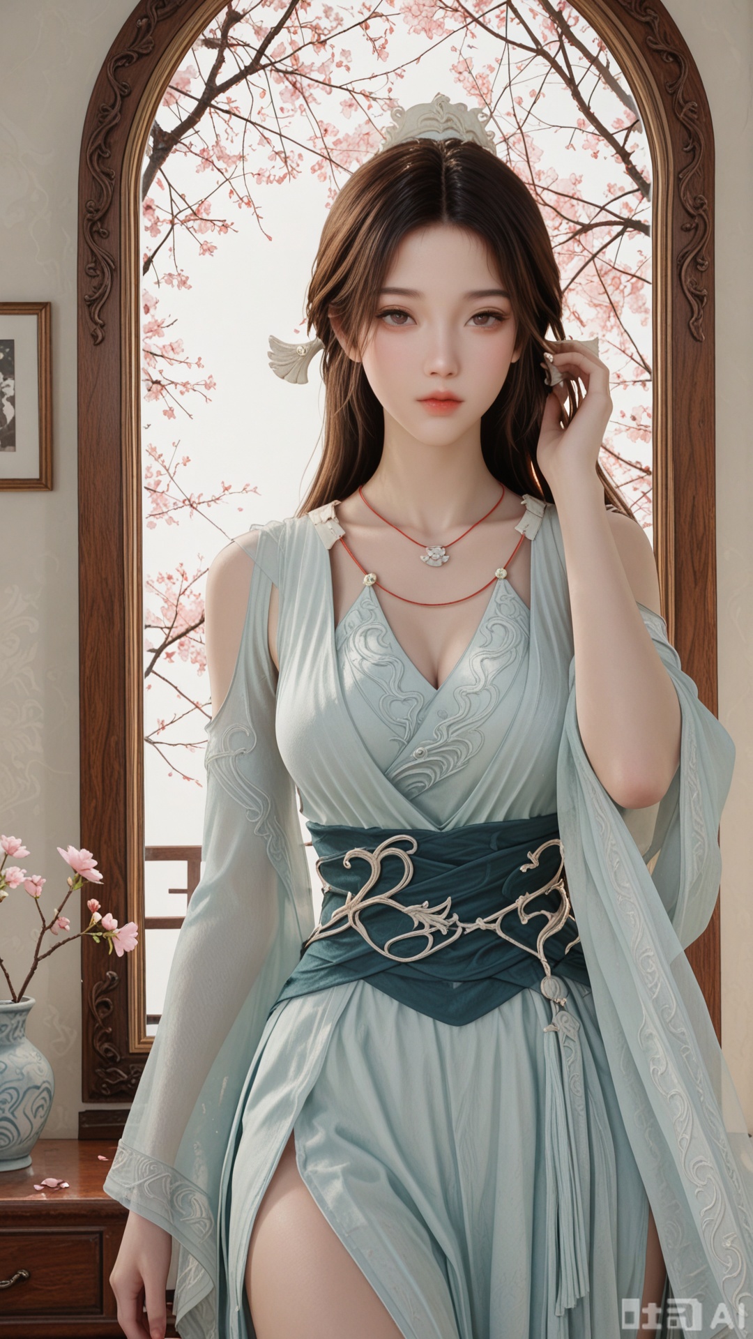 1woman, solo, ornament, SY clothes, breasts, no eye shadow, hair_tucking, cowboy_shot, even lighting,  wind blows through hair, looking at viewer, very awa, Pink Petals Scattered and Solid mirror face background,