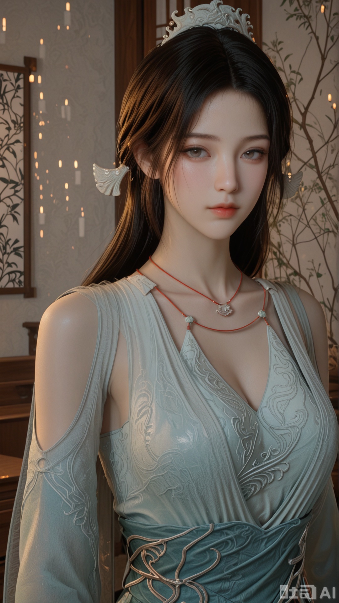 1woman, solo, ornament, SY clothes, breasts, no eye shadow, upper_body, even lighting, looking at viewer, very awa, room background,