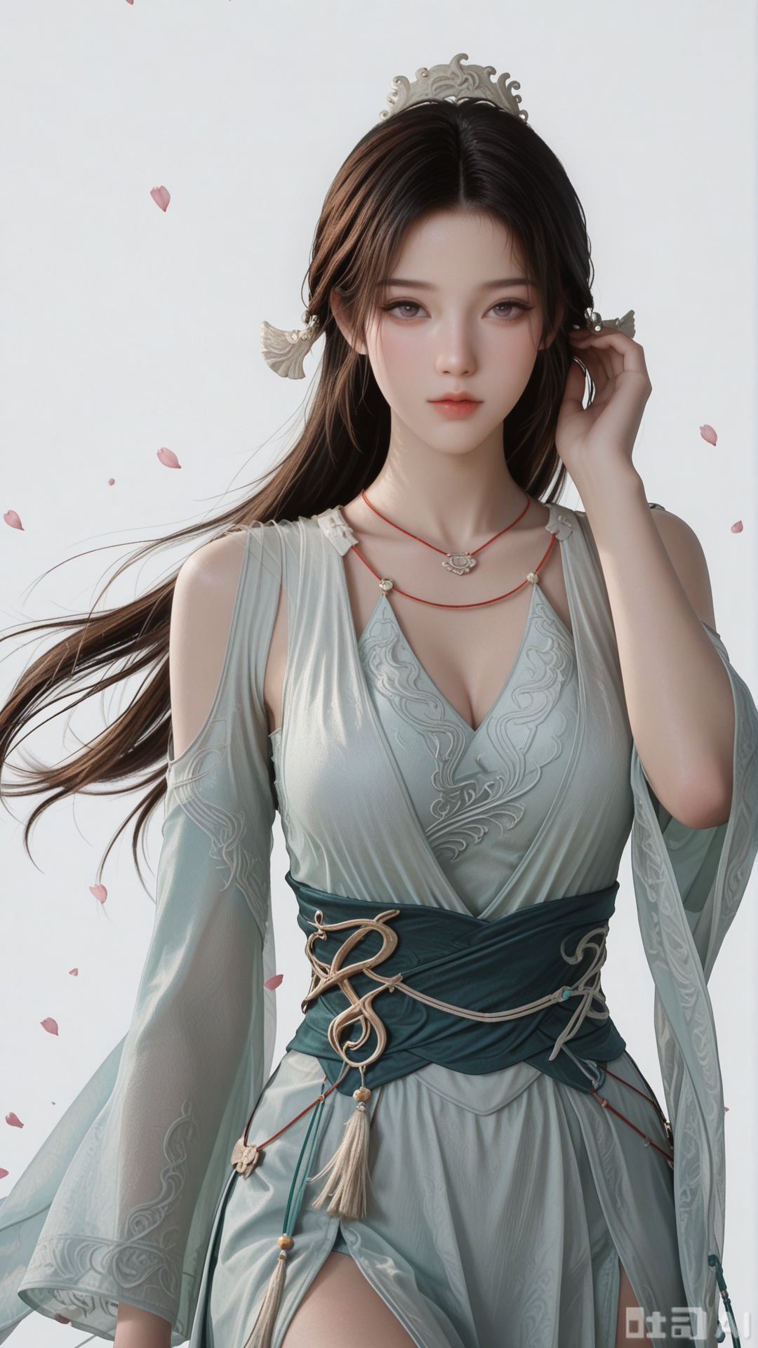 1woman, solo, ornament, SY clothes, breasts, no eye shadow, hair_tucking, cowboy_shot, even lighting, wind blows through hair, looking at viewer, very awa, Pink Petals Scattered and Solid grey background,