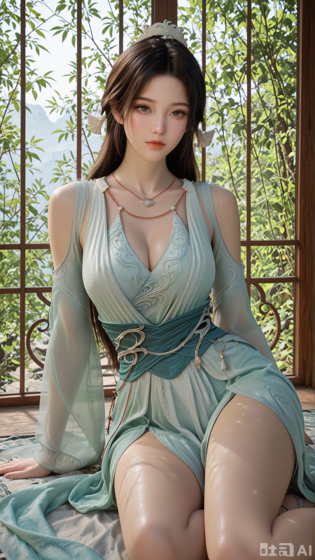 1woman, solo, ornament, breasts, SY clothes, yokozuwari, Glossy exquisite skin, even illumination, looking at viewer, very awa, Solid artistic background,