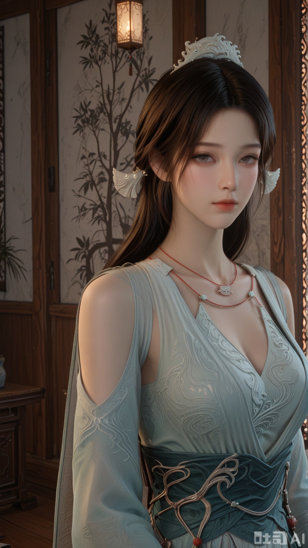 1woman, solo, ornament, SY clothes, breasts, no eye shadow, upper_body, even lighting, looking at viewer, very awa, room background,