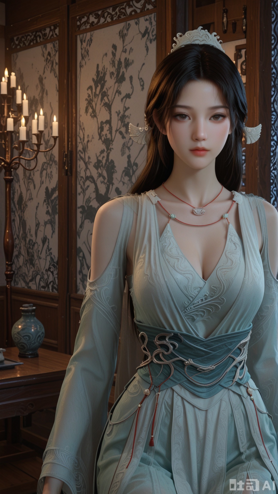 1woman, solo, ornament, SY clothes, breasts, no eye shadow, cowboy_shot, even lighting, looking at viewer, very awa, room background,