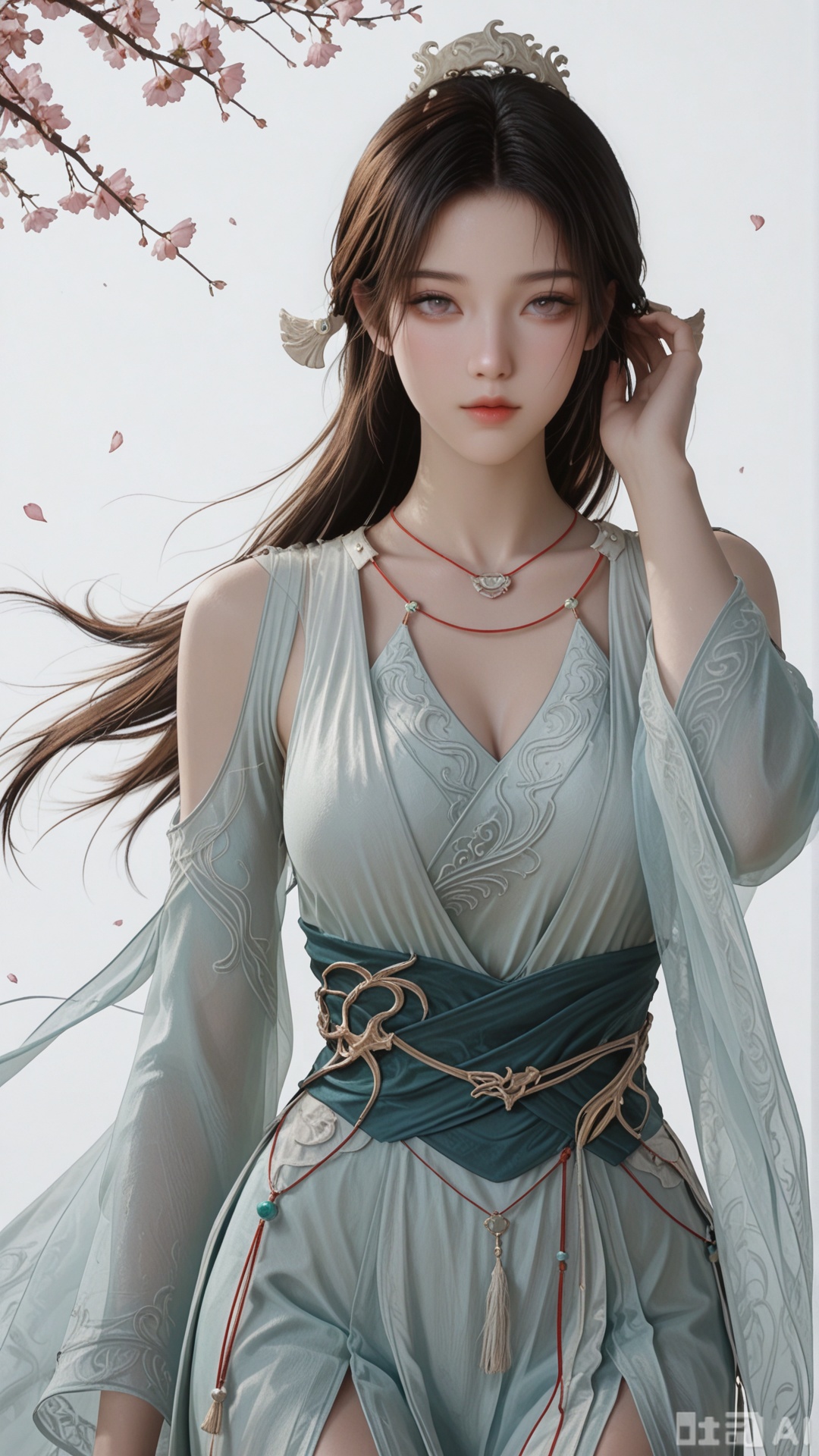 1woman, solo, ornament, SY clothes, breasts, no eye shadow, hair_tucking, cowboy_shot, even lighting, wind blows through hair, looking at viewer, very awa, Pink Petals Scattered and Solid grey background,