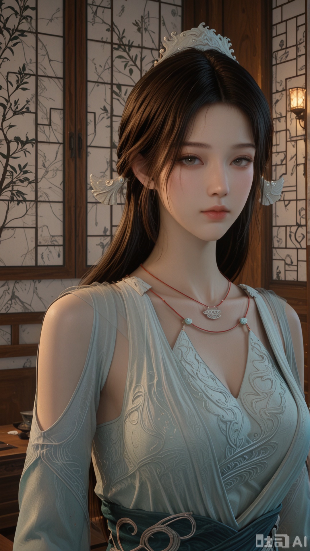 1woman, solo, ornament, SY clothes, breasts, no eye shadow, upper_body, even lighting, looking at viewer, very awa, room background,