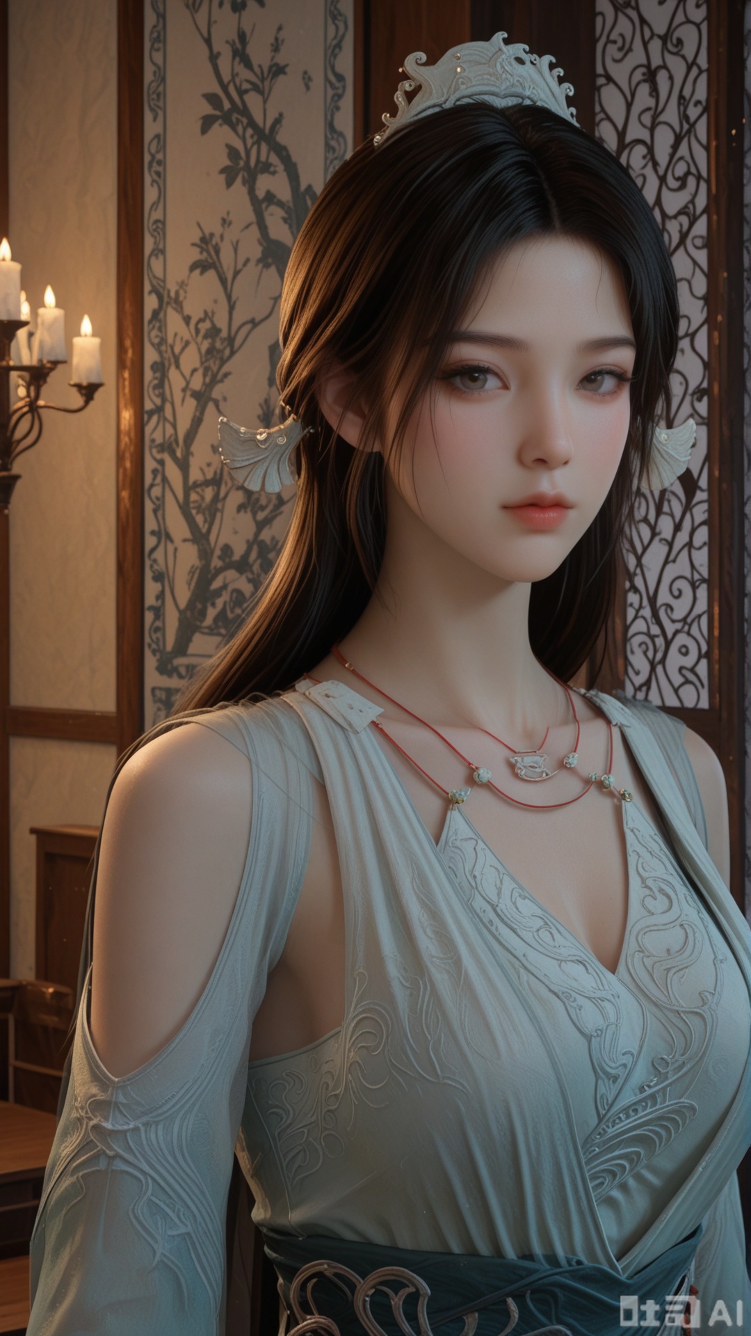 1woman, solo, ornament, SY clothes, breasts, no eye shadow, upper_body, even lighting, looking at viewer, very awa, room background,
