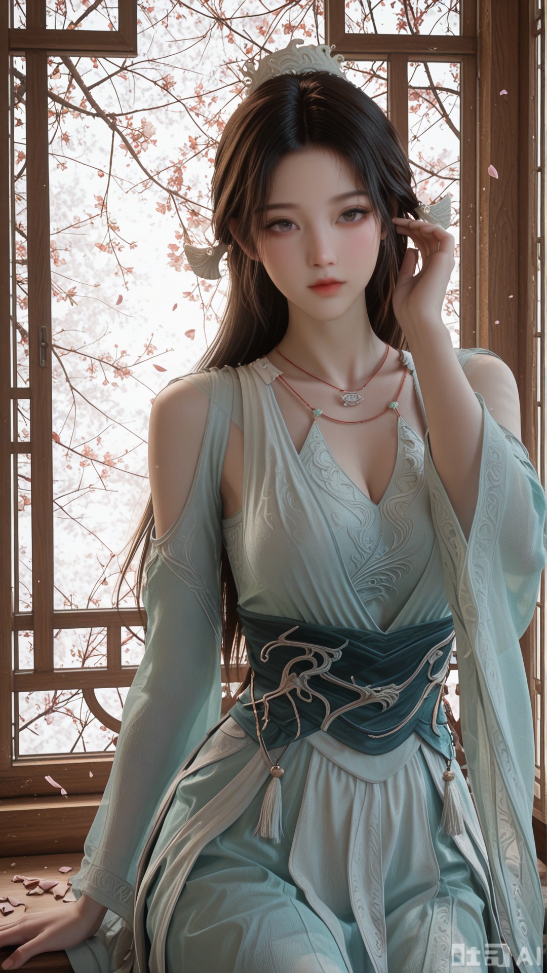 1woman, solo, ornament, SY clothes, breasts, no eye shadow, hair_tucking, cowboy_shot, even lighting, wind blows through hair, looking at viewer, very awa, Pink Petals Scattered and Open central window background,