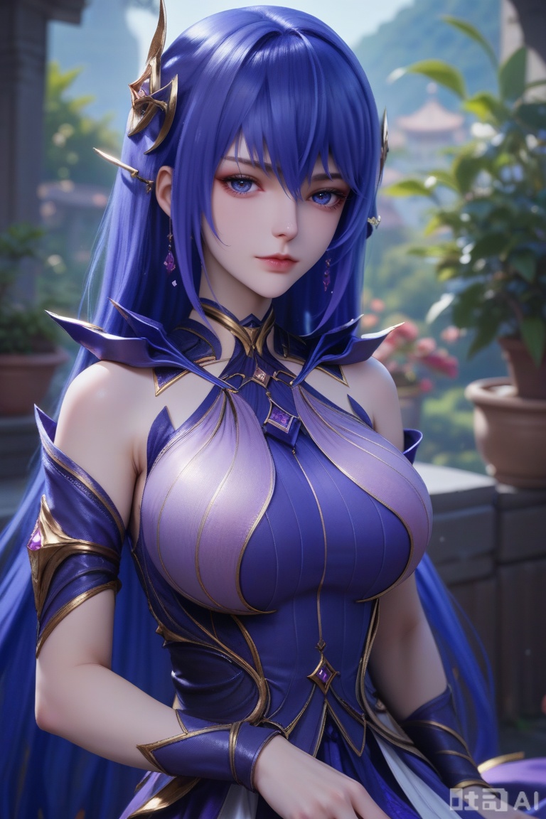 score_9,score_8_up,score_7_up,1girl, solo, long hair, breasts, looking at viewer, bangs, blue eyes, large breasts, hair ornament, hair between eyes, blue hair, A purple dress,Purple hair,,圣彩儿