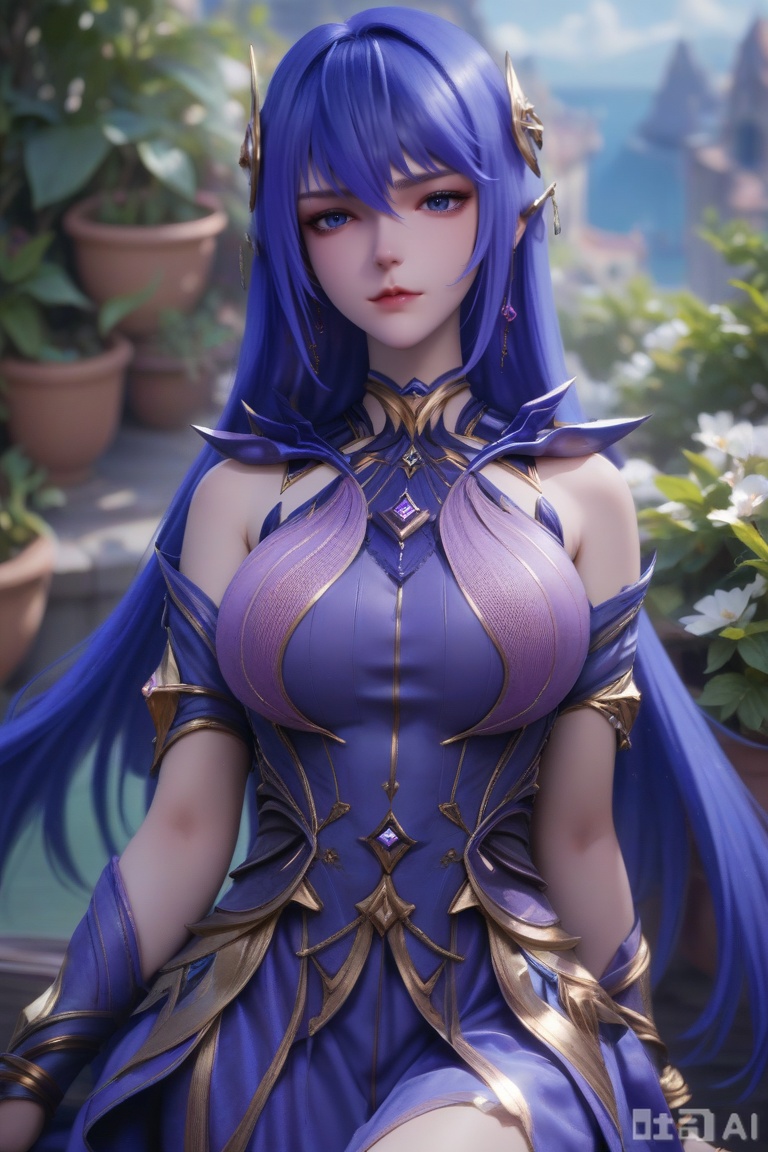 score_9,score_8_up,score_7_up,1girl, solo, long hair, breasts, looking at viewer, bangs, blue eyes, large breasts, hair ornament, hair between eyes, blue hair, A purple dress,Purple hair,