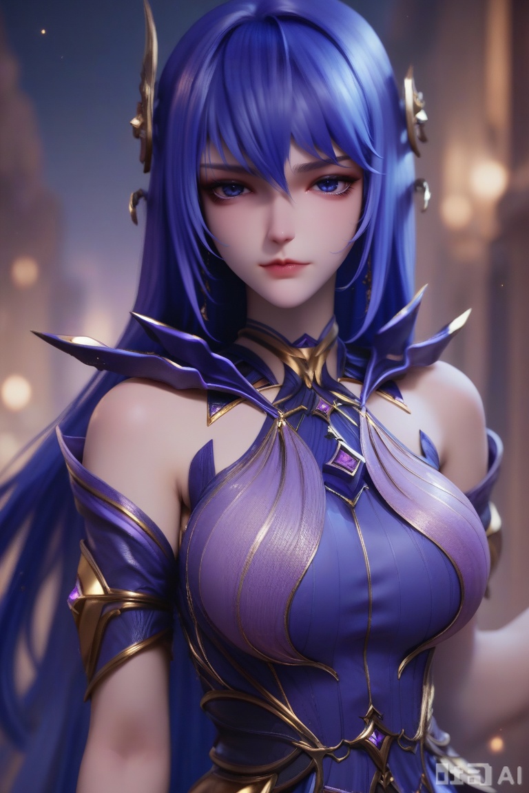 score_9,score_8_up,score_7_up,1girl, solo, long hair, breasts, looking at viewer, bangs, blue eyes, large breasts, hair ornament, hair between eyes, blue hair, A purple dress,Purple hair,
