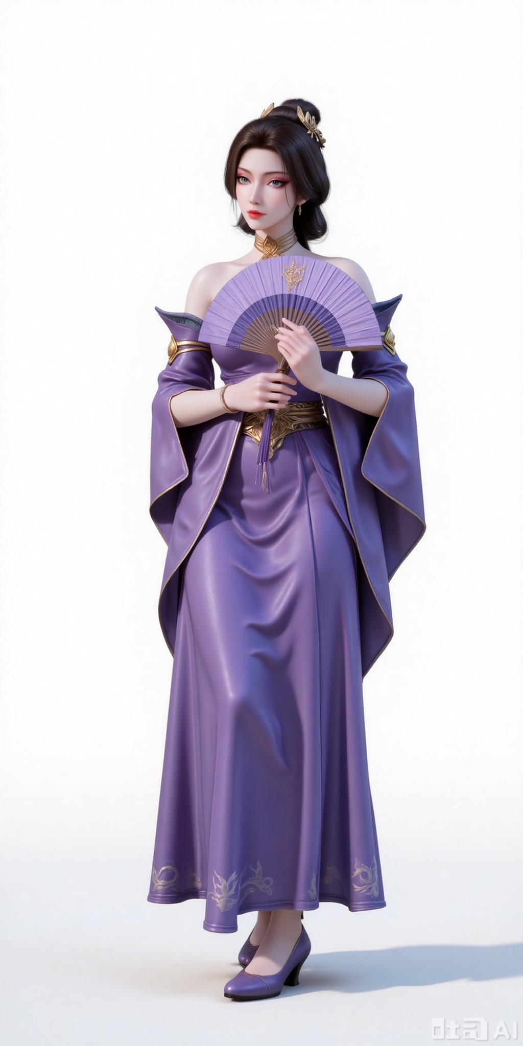 Best quality, masterpiece, 8k, 
1girl, solo, black hair, hair ornament, dress, holding, bare shoulders, detached sleeves, hair bun, purple dress,full body,shoes,standing,holding,fan,holding fan,
 white_background,simple background,
cover,gradient background,close-up details,outstanding style,adding a touch of dimension to your images without compromising details,close-up,(highres:1.2),colorful,
lvjing,guanghuapifu,pifu,fanfuren