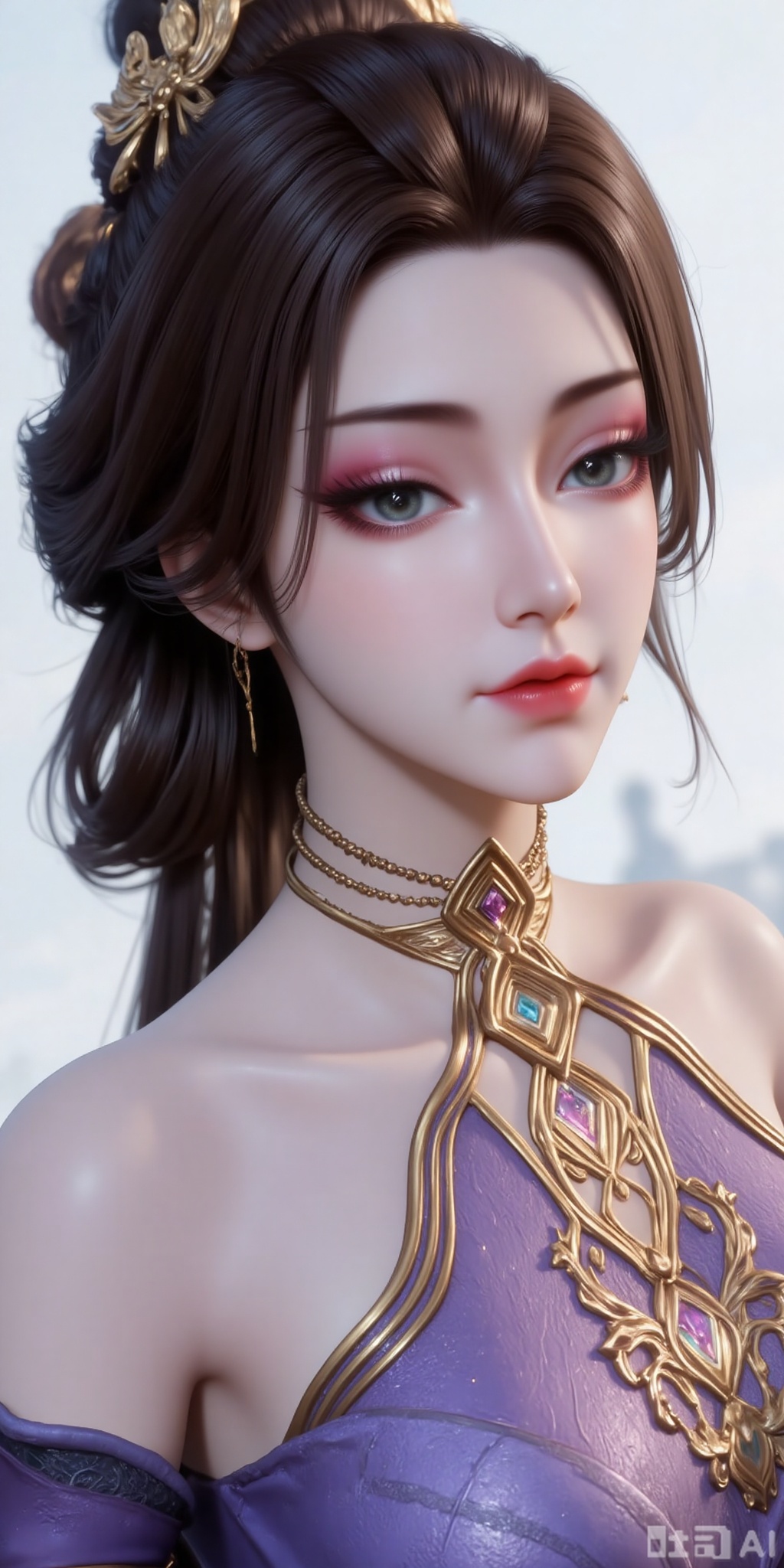 Best quality, masterpiece, 8k, 
1girl, solo, black hair, hair ornament, dress, holding, bare shoulders, detached sleeves, hair bun, purple dress,
 white_background,simple background,
cover,gradient background,close-up details,outstanding style,adding a touch of dimension to your images without compromising details,close-up,(highres:1.2),colorful,
lvjing,guanghuapifu,pifu,fanfuren