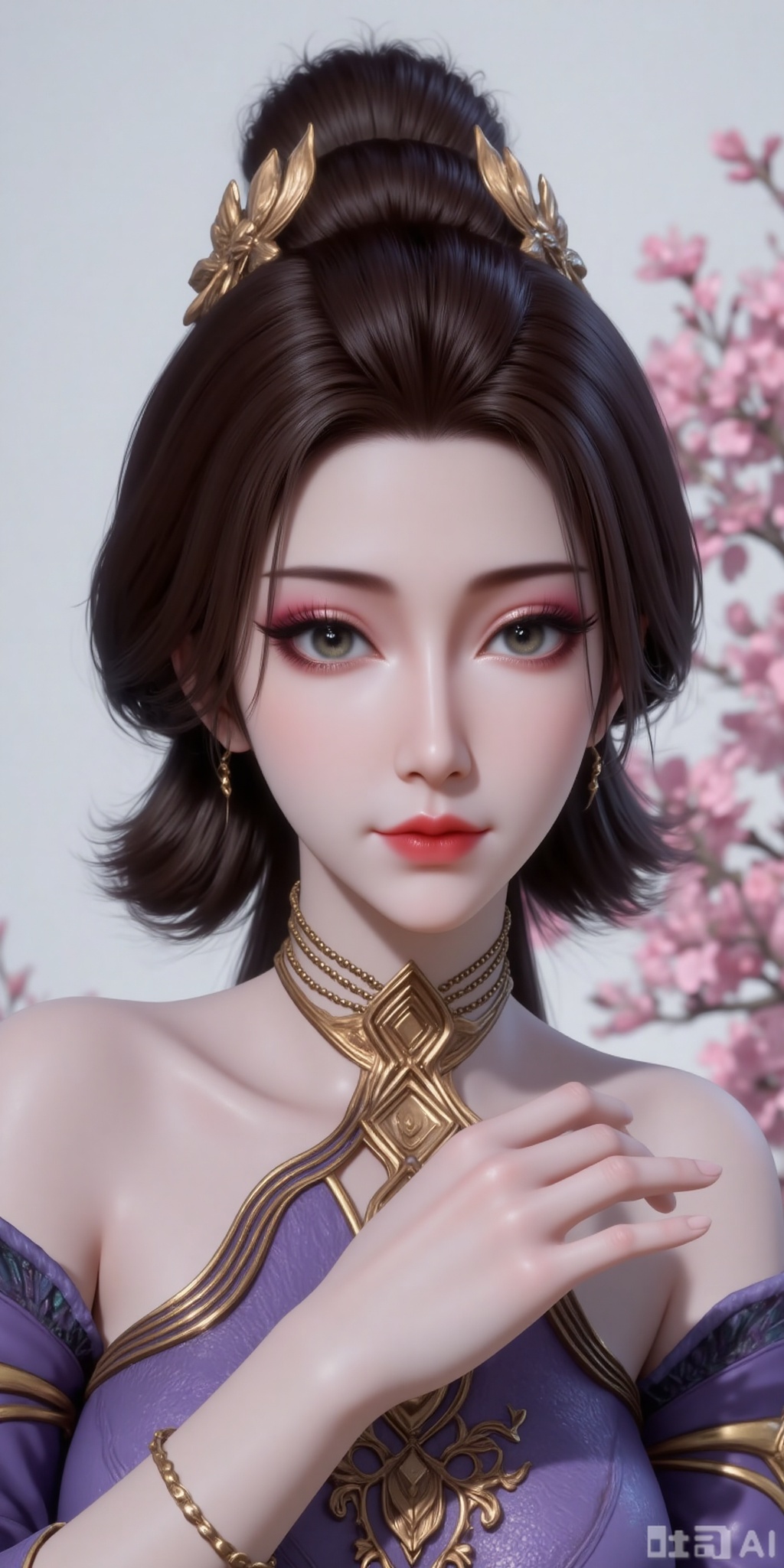 Best quality, masterpiece, 8k, 
1girl, solo, black hair, hair ornament, dress, holding, bare shoulders, detached sleeves, hair bun, purple dress,
 white_background,simple background,
cover,gradient background,close-up details,outstanding style,adding a touch of dimension to your images without compromising details,close-up,(highres:1.2),colorful,
lvjing,guanghuapifu,pifu,fanfuren