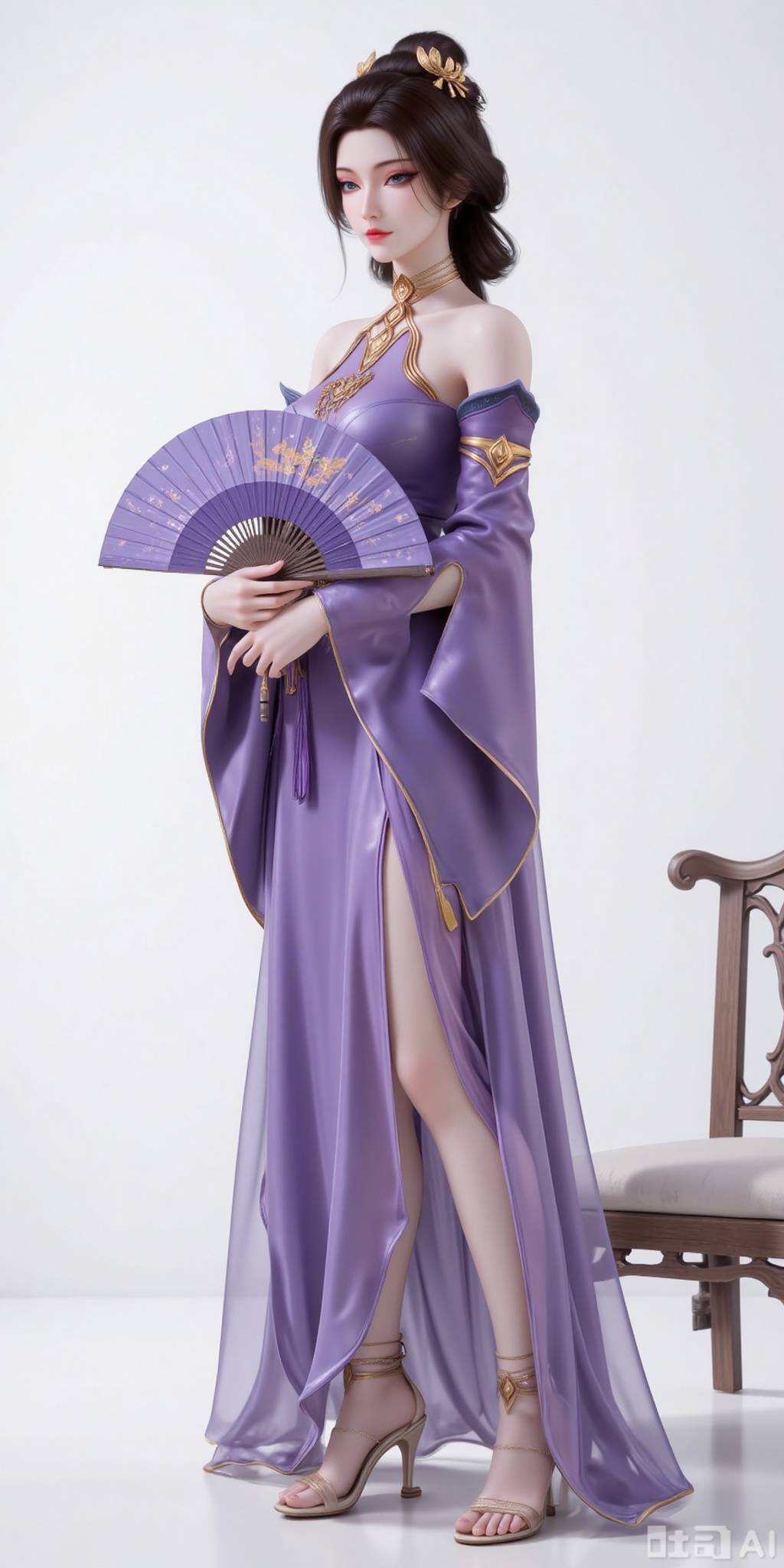 Best quality, masterpiece, 8k, 
1girl, solo, black hair, hair ornament, dress, holding, bare shoulders, detached sleeves, hair bun, purple dress,full body,sandals,high heeled sandals,stiting,holding,fan,holding fan,chair,wooden chair,
 white_background,simple background,
cover,gradient background,close-up details,outstanding style,adding a touch of dimension to your images without compromising details,close-up,(highres:1.2),colorful,
lvjing,guanghuapifu,pifu,fanfuren