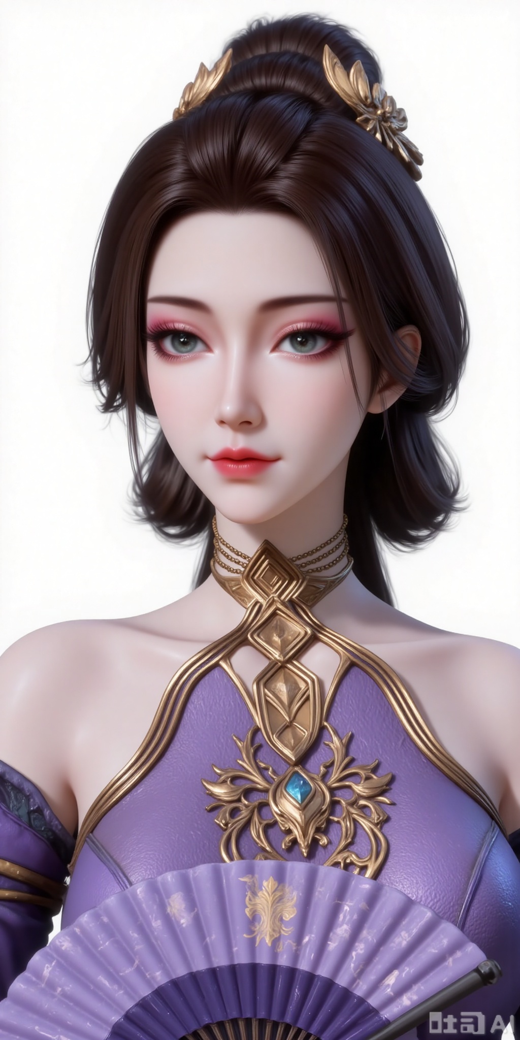 Best quality, masterpiece, 8k, 
1girl, solo, black hair, hair ornament, dress, holding, bare shoulders, detached sleeves, hair bun, purple dress,
 white_background,simple background,
cover,gradient background,close-up details,outstanding style,adding a touch of dimension to your images without compromising details,close-up,(highres:1.2),colorful,
lvjing,guanghuapifu,pifu,fanfuren