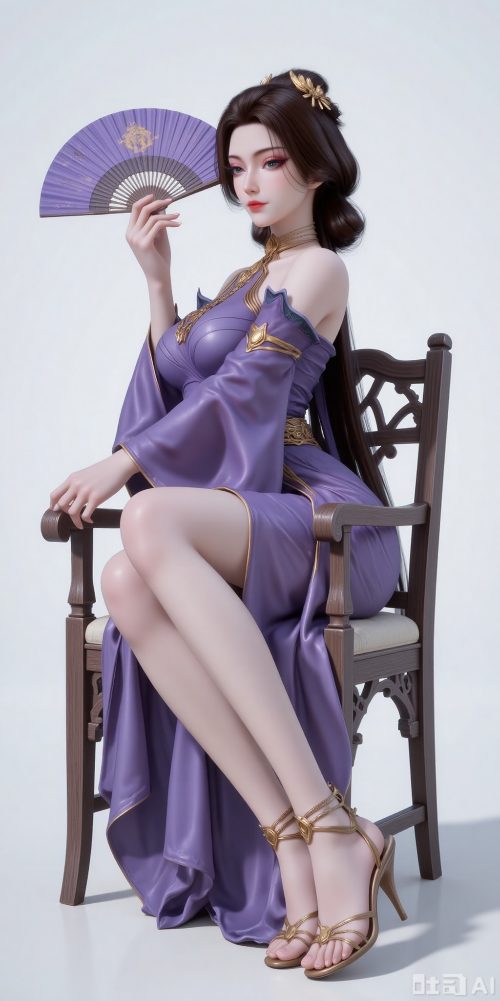 Best quality, masterpiece, 8k, 
1girl, solo, black hair, hair ornament, dress, holding, bare shoulders, detached sleeves, hair bun, purple dress,full body,sandals,high heeled sandals,stiting,holding,fan,holding fan,chair,wooden chair,
 white_background,simple background,
cover,gradient background,close-up details,outstanding style,adding a touch of dimension to your images without compromising details,close-up,(highres:1.2),colorful,
lvjing,guanghuapifu,pifu,fanfuren