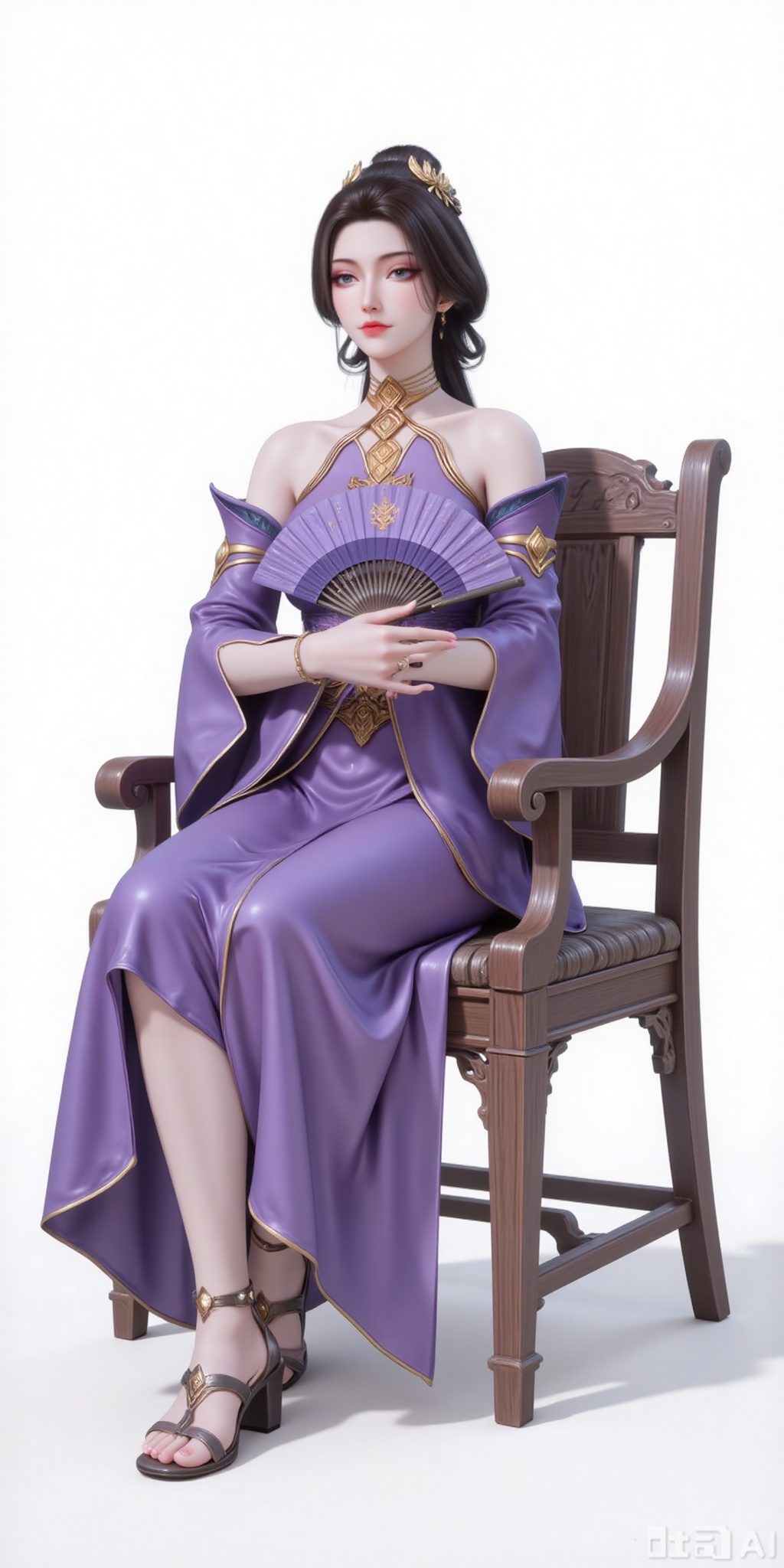 Best quality, masterpiece, 8k, 
1girl, solo, black hair, hair ornament, dress, holding, bare shoulders, detached sleeves, hair bun, purple dress,full body,sandals,high heeled sandals,stiting,holding,fan,holding fan,chair,wooden chair,
 white_background,simple background,
cover,gradient background,close-up details,outstanding style,adding a touch of dimension to your images without compromising details,close-up,(highres:1.2),colorful,
lvjing,guanghuapifu,pifu,fanfuren