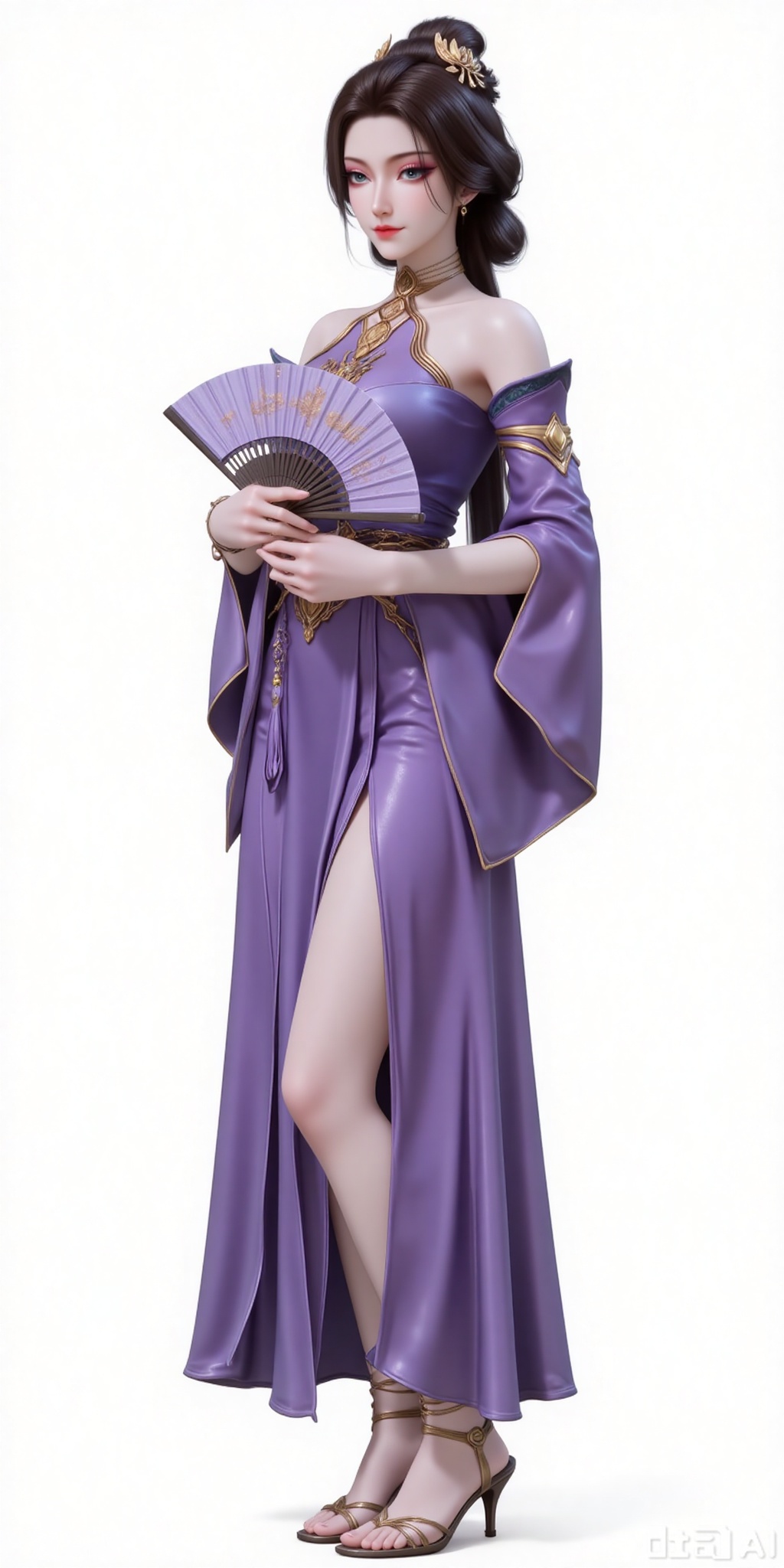Best quality, masterpiece, 8k, 
1girl, solo, black hair, hair ornament, dress, holding, bare shoulders, detached sleeves, hair bun, purple dress,full body,sandals,high heeled sandals,standing,holding,fan,holding fan,
 white_background,simple background,
cover,gradient background,close-up details,outstanding style,adding a touch of dimension to your images without compromising details,close-up,(highres:1.2),colorful,
lvjing,guanghuapifu,pifu,fanfuren